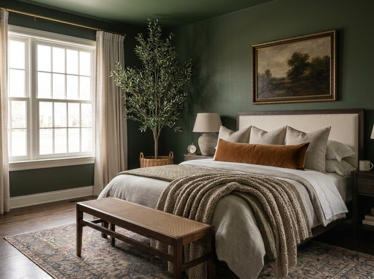 A cozy bedroom with a large window, a bed with cream and brown pillows and a beige blanket, a bench at the foot of the bed, a side table with a lamp, a clock, and a potted plant, and a landscape painting on the green wall.