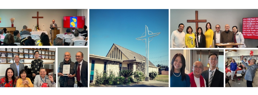 Collage of seven photos from a church event, including a speaker at a podium, a cross on the wall, a group photo of people, a church building with a cross, and a group of church members.