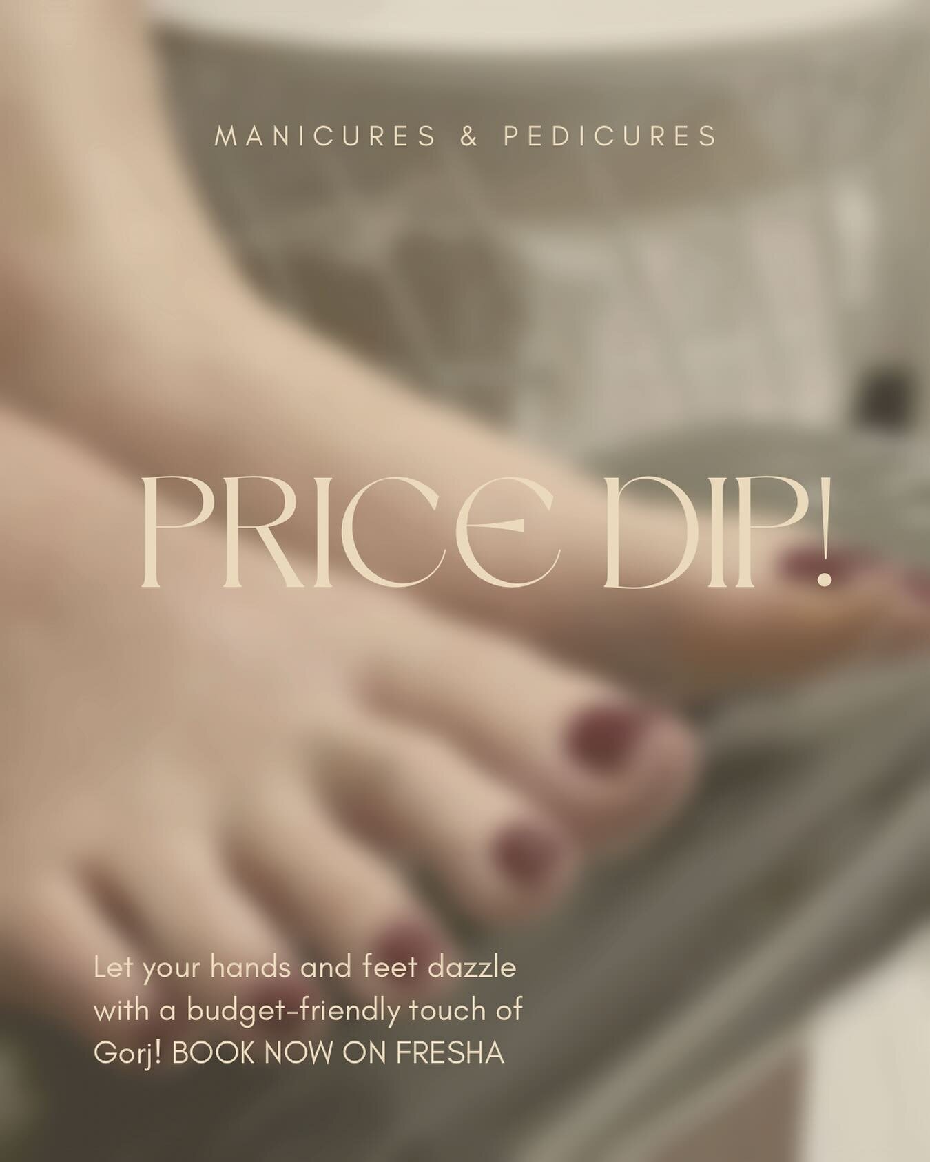 P r i c e  d i p  a l e r t 💅🏻✨ Manis &amp; pedis are now cheaper! Let your hands and feet dazzle with a budget-friendly touch of Gorj! BOOK NOW ON FRESHA 📲💷

#pedicure #manicure #beauty #nails #gorj #gorjstrood #strood #gorjbeauty