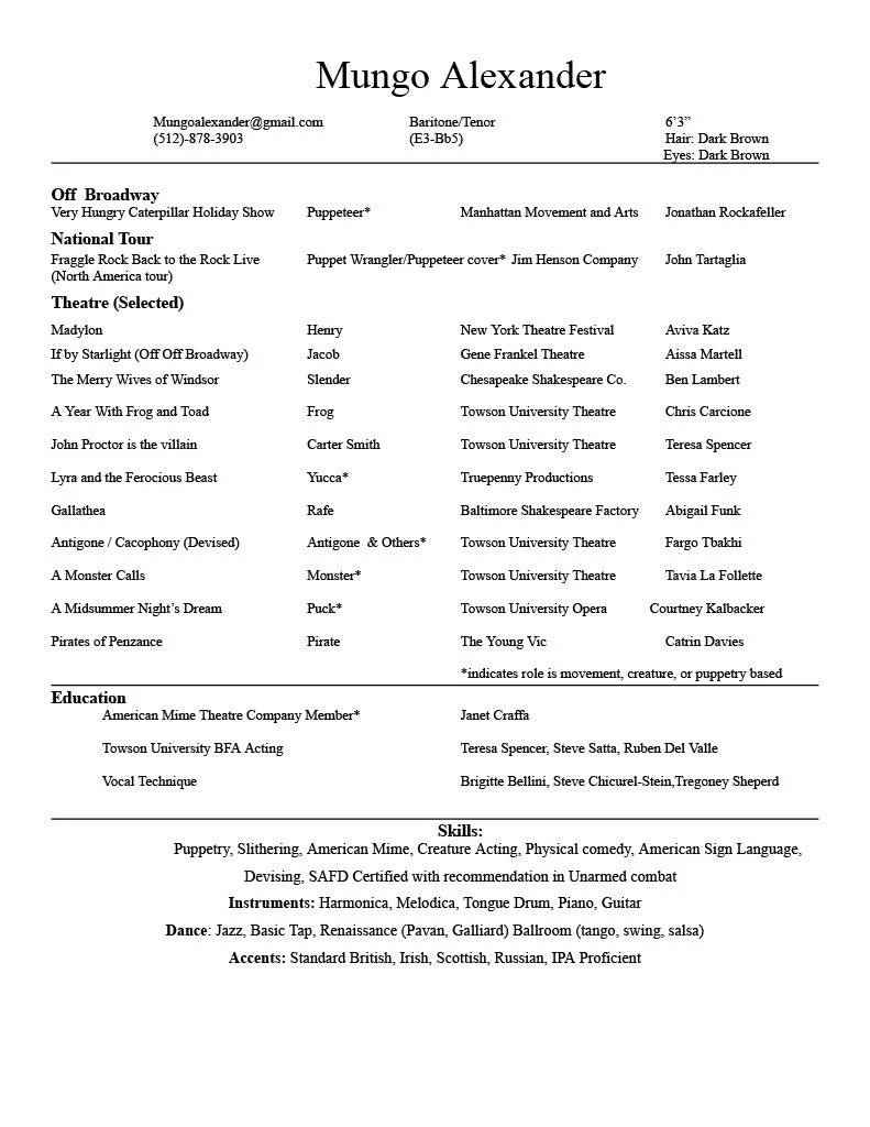 A resume for Mungo Alexander listing contact info, height, hair and eye color, and role skills in theater, education, and dance.