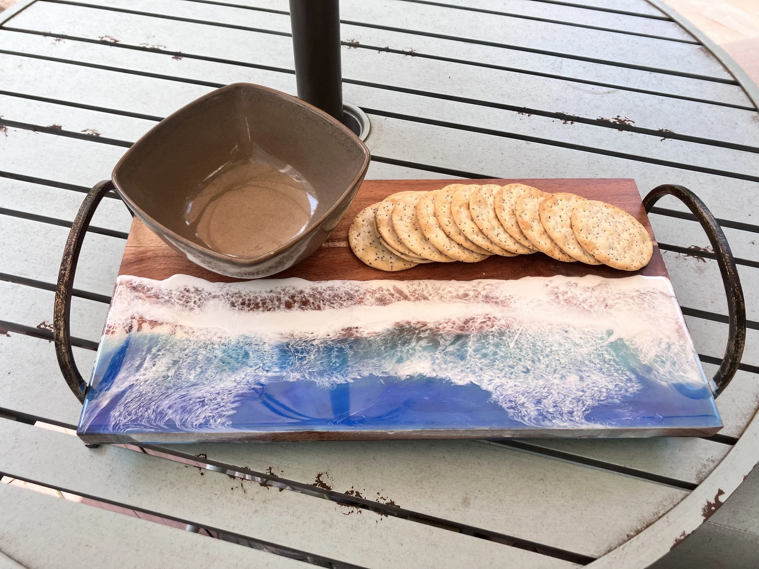 Wooden rectangular tray in blue and turquise
