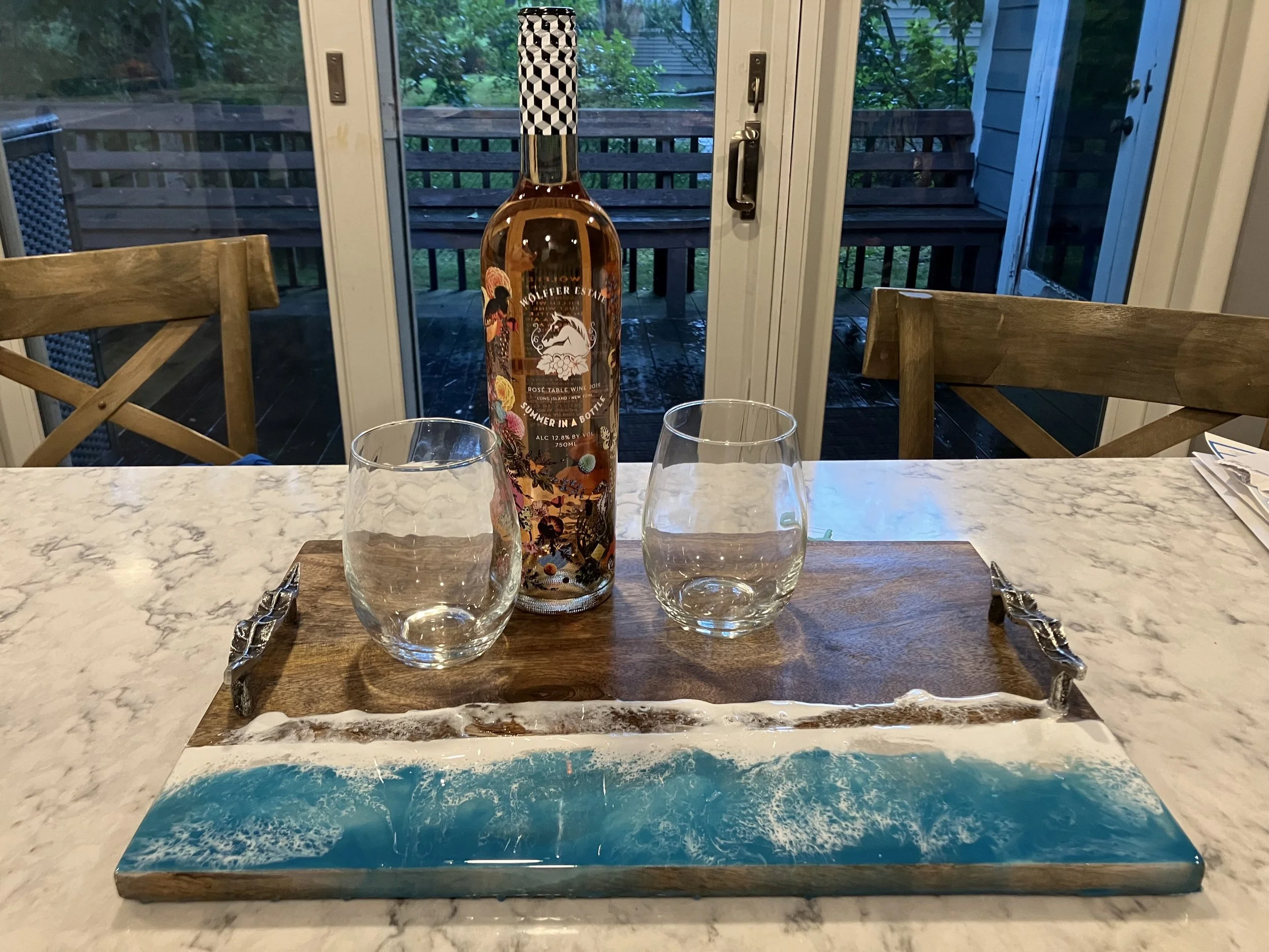 Wood tray with turquoise beach waves and decorative hardward