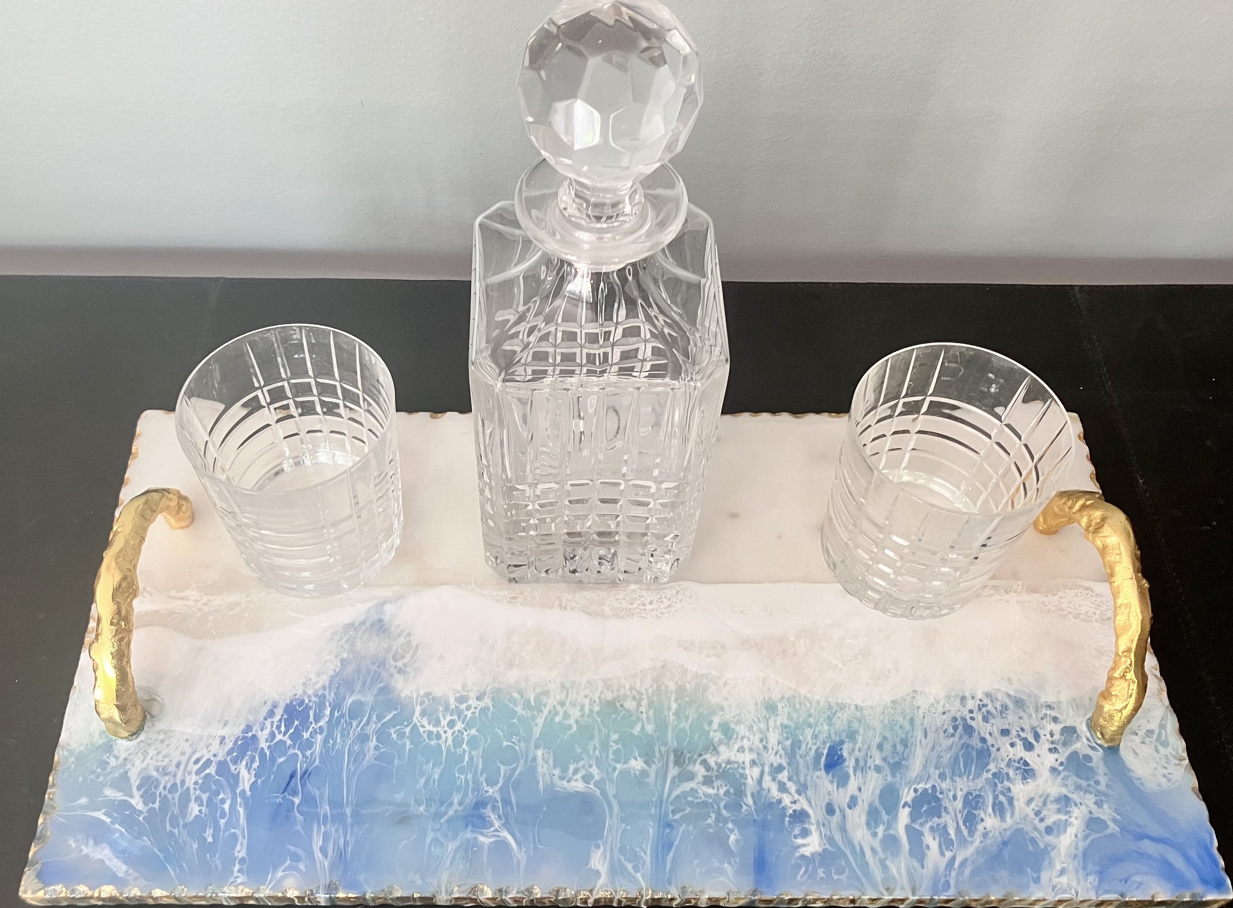 Beach waves on marble tray with gold hardward