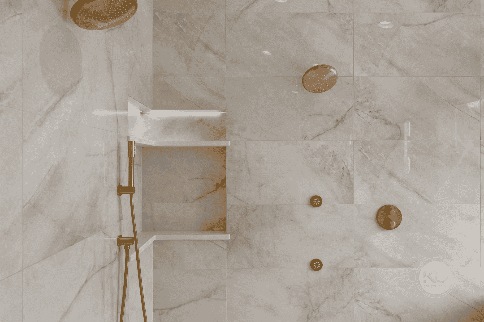 Luxury walk-in shower with brass fixtures and large-format tile in a Lake Tapps bathroom remodel.