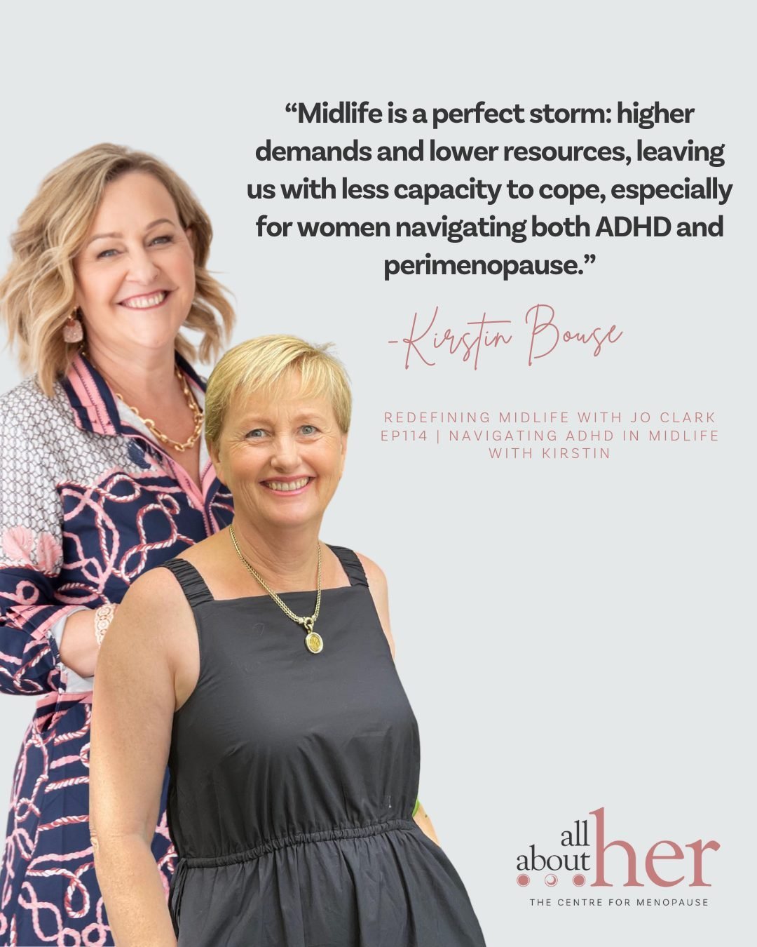 Join Kirstin Bouse in an insightful discussion on Redefining Midlife with Jo Clark Podcast 🎙️ Episode 114, as she delves into navigating ADHD in midlife. 🧠💼 

Kirstin highlights the unique challenges faced by women dealing with ADHD and perimeno