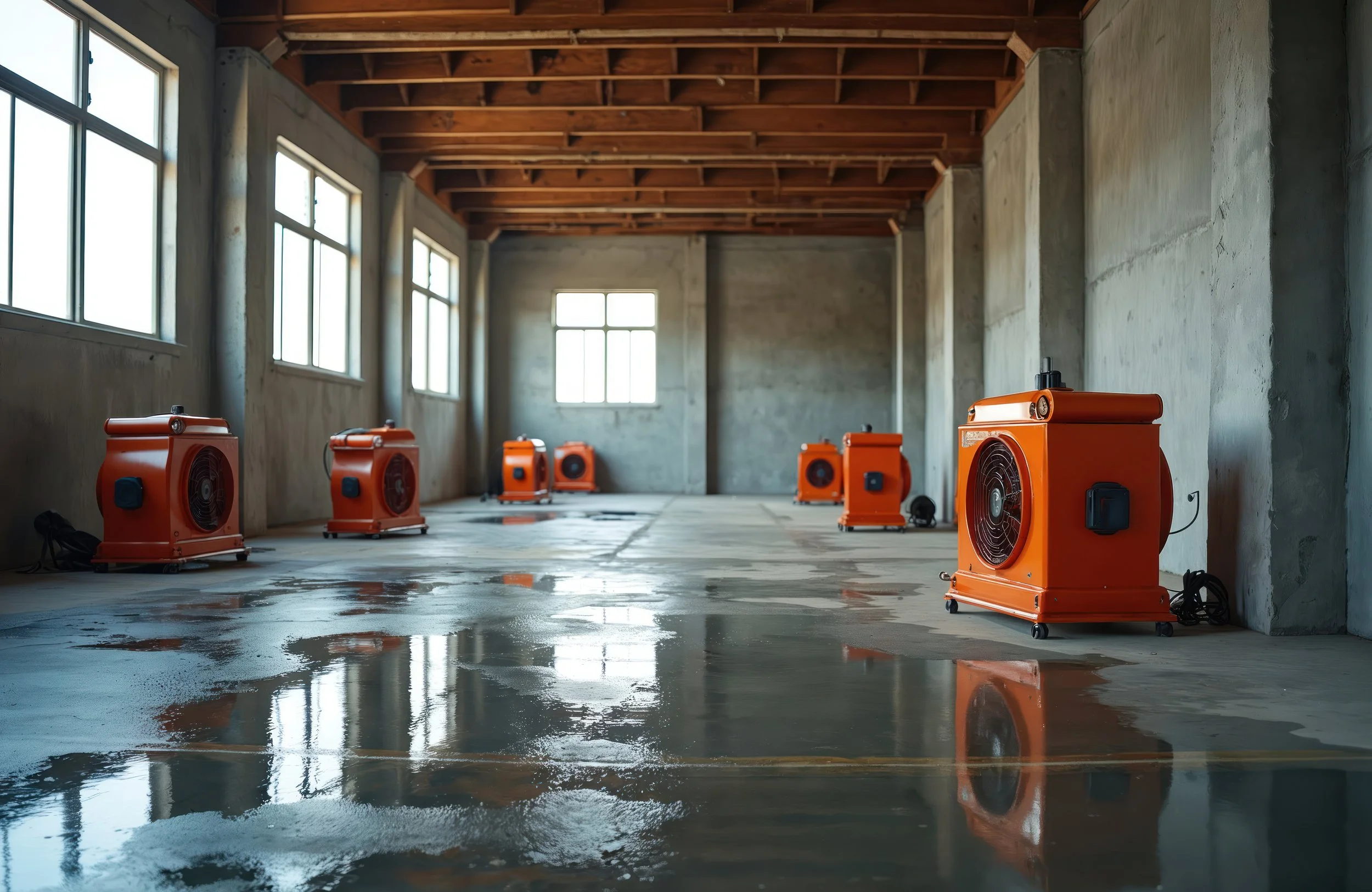 An industrial space with multiple orange subfloor drying machines on a wet concrete floor, lit by large windows.