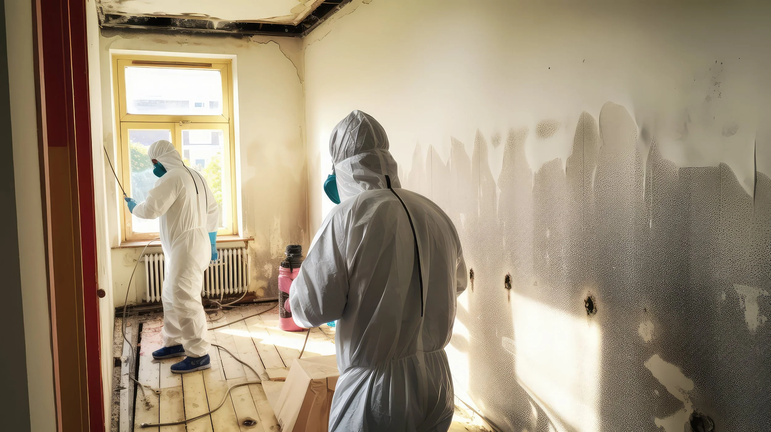 Workers in white protective suits and respirators inspect a damaged, mold-covered room under renovation.