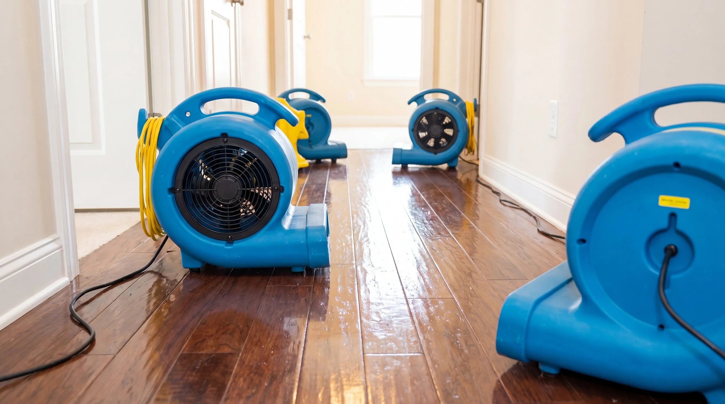 Blue industrial air movers with yellow cords drying a wet hardwood floor inside a house
