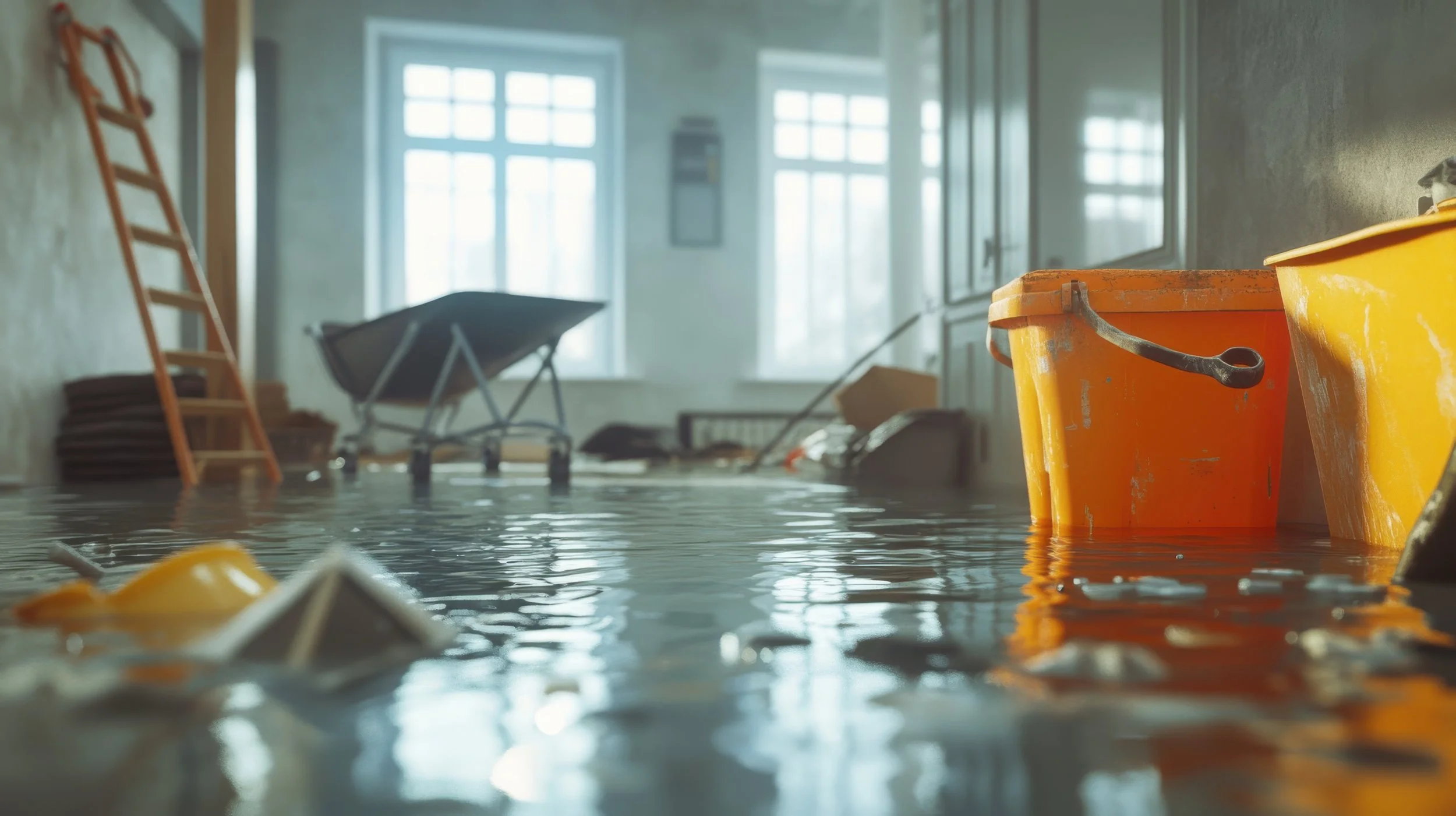 Flooded indoor room with orange and yellow buckets, a displaced chair, and ladders submerged in water.