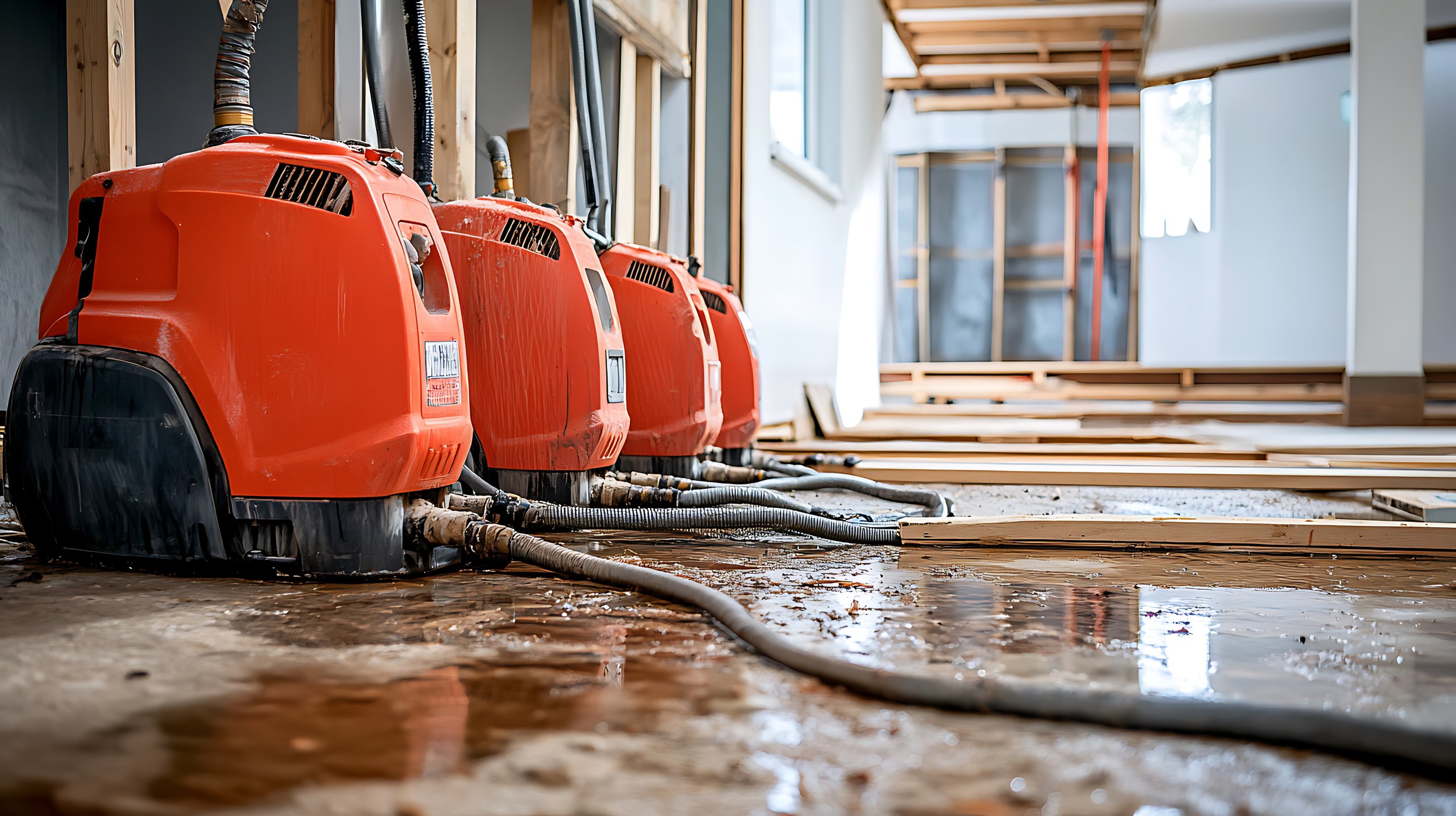 Four red wet vacuum cleaners on a construction site floor with water and wooden planks, indicating ongoing water removal or cleaning.
