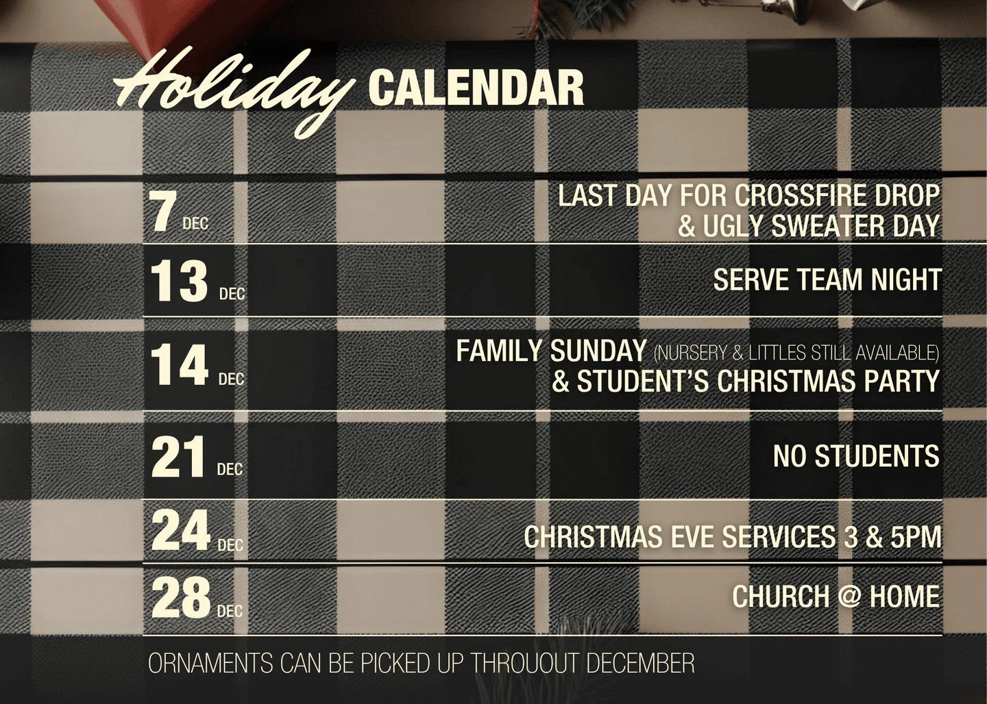 We know December can get busy, and we have SO much going on here at TimberCreek that we want you to be part of! Make sure you mark these dates on your calendar so you don't miss out on any fun. 📆

🎄 December 7 - Ugly Sweater Day: Wear your ugliest 