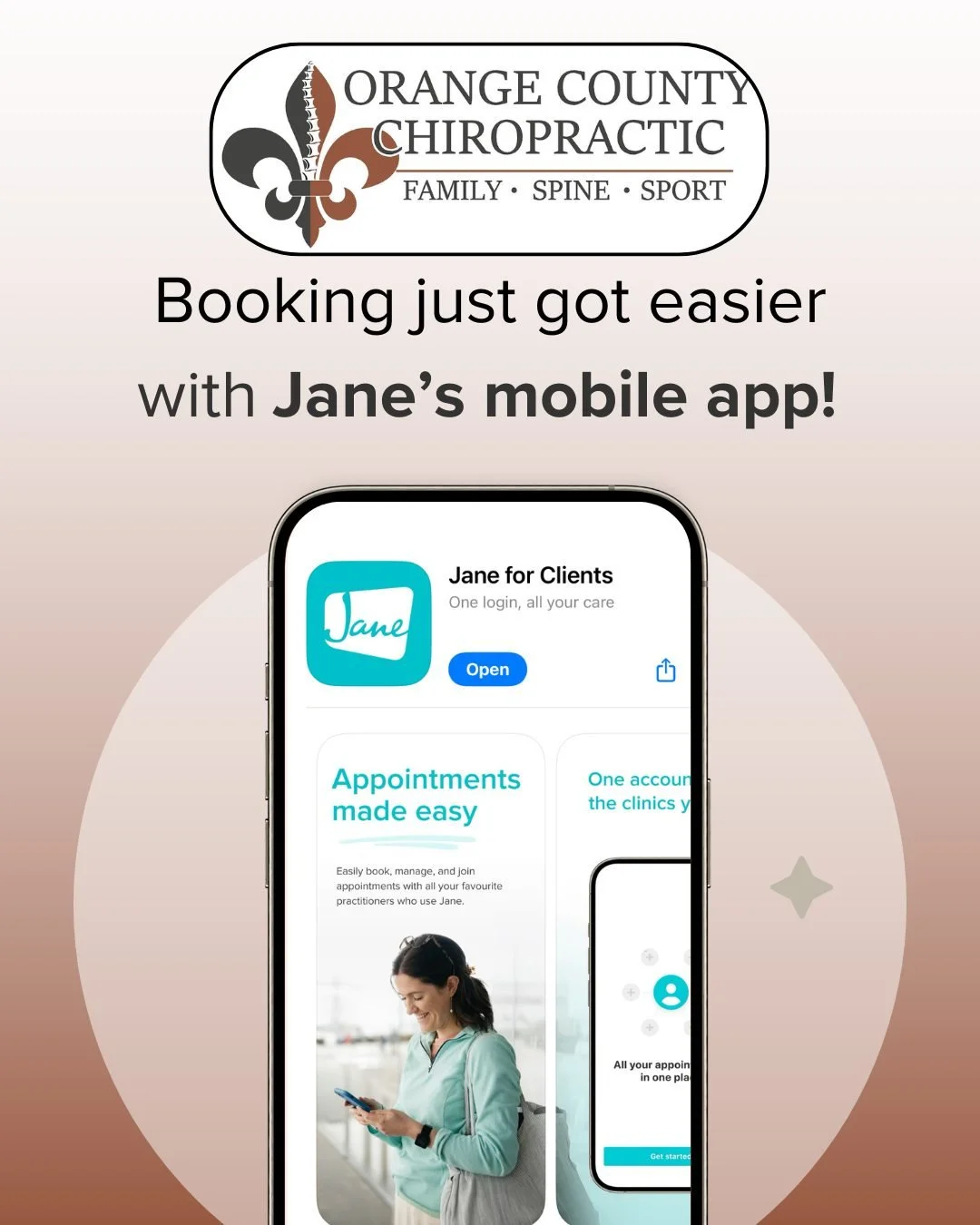 Big news, OCC family!
Our clinic management software, Jane, now has a mobile app available for both Apple and Android users.
With the Jane For Clients app, you can: Easily book and manage appointments, access billing, and message securely with our