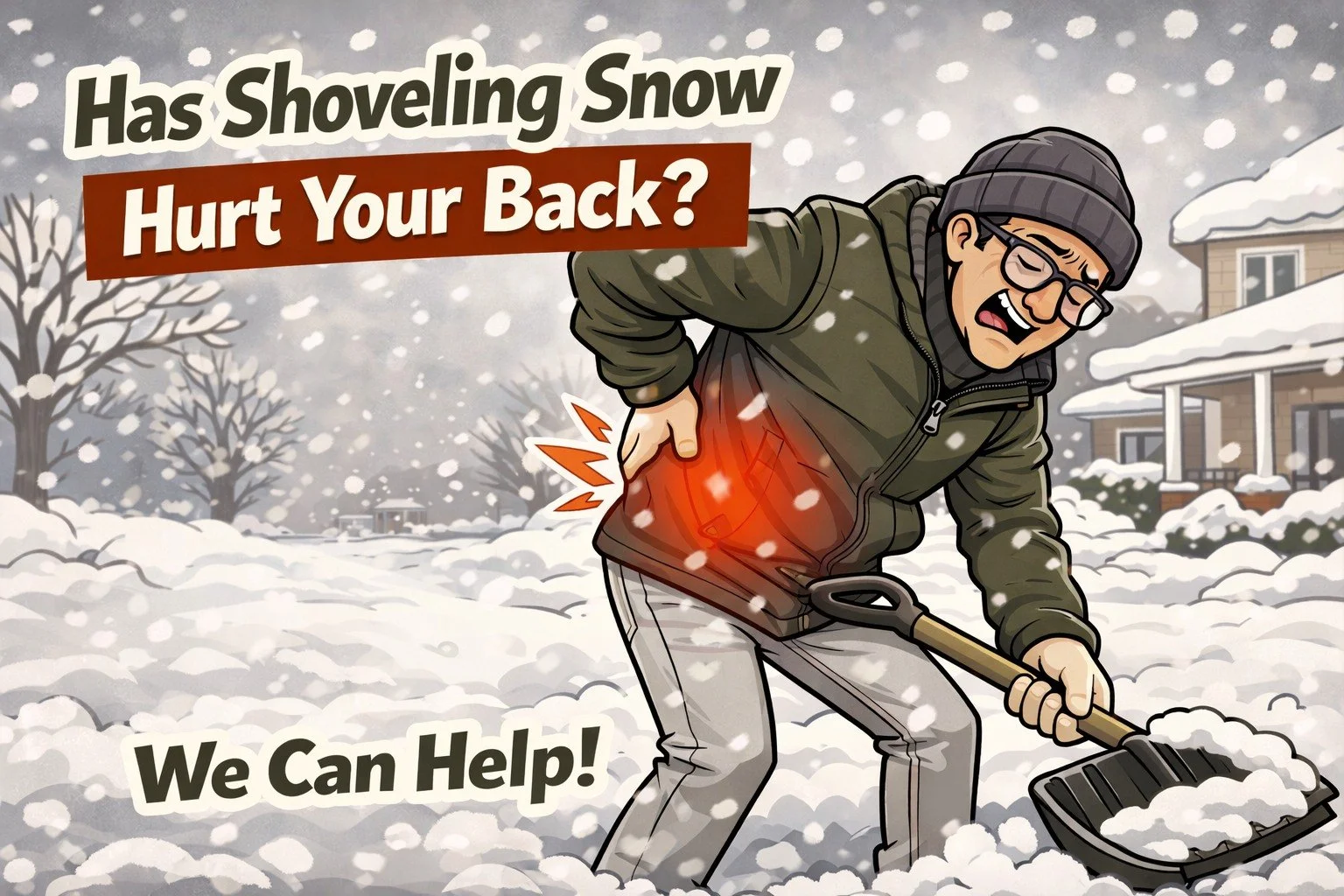 Shoveling snow doesn&rsquo;t have to wreck your back.
Keep yourself safe with these quick tips:

&bull; Warm up first: a few minutes of movement can prevent strains (Squats and arm circles)
&bull; Lift with your legs, not your back (and keep the shov