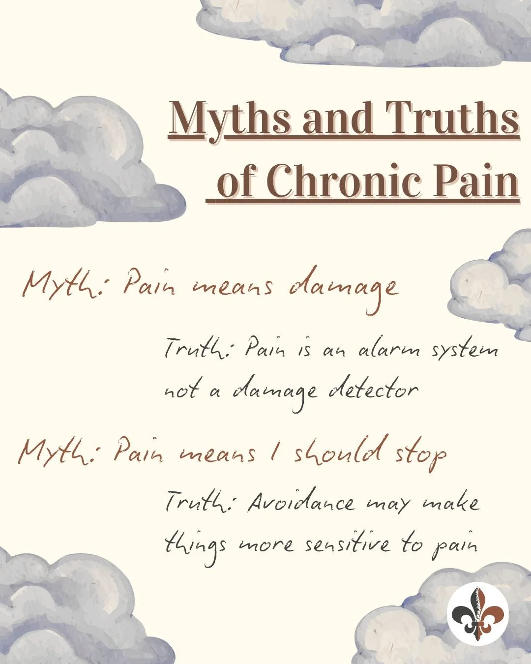 Let&rsquo;s clear some things up about chronic pain👇

🚫 Myth: Pain always equals damage
✅ Truth: Pain is an alarm system, not a damage detector

🚫 Myth: If it hurts, you should stop moving
✅ Truth: Avoidance often makes pain more sensitive

🚫 Myt