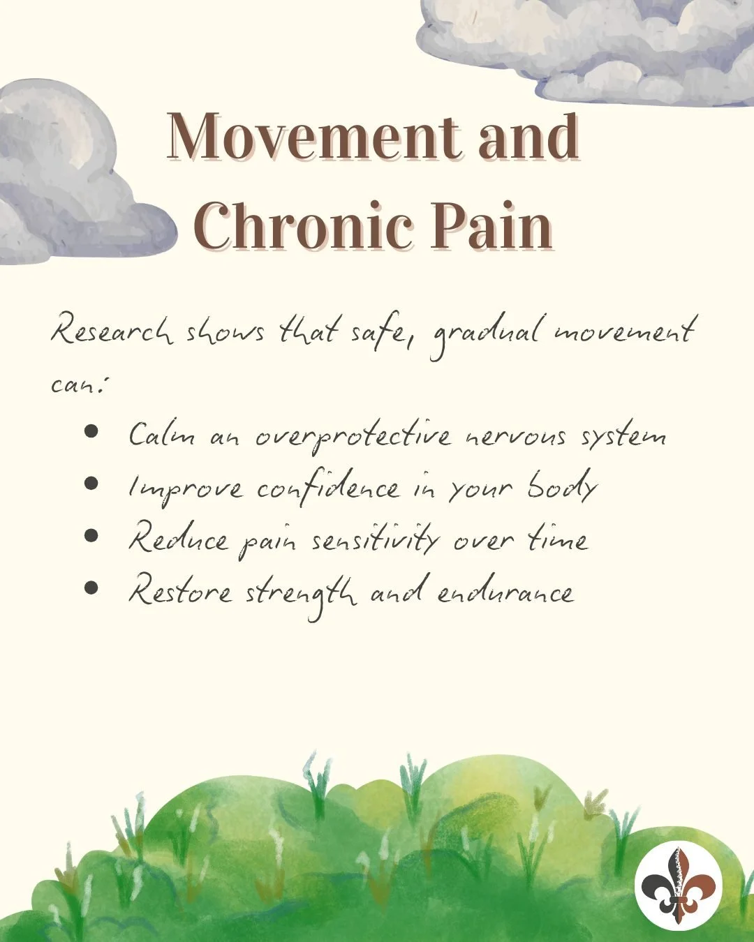 Movement is medicine (when done right).

Research shows that safe, gradual movement can:
-Calm an overprotective nervous system
-Improve confidence in your body
-Reduce pain sensitivity over time
-Restore strength and endurance

This doesn&rsquo;t me