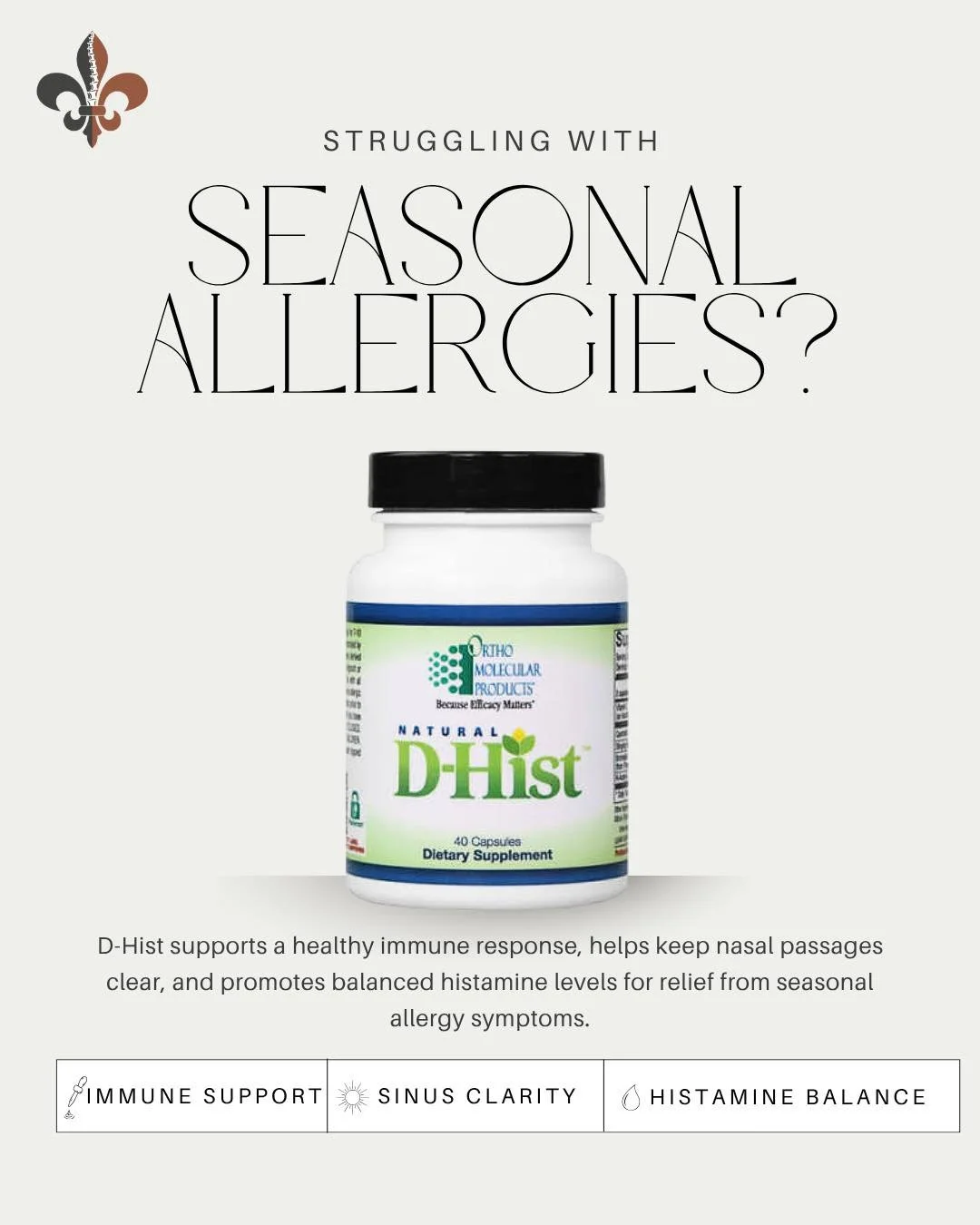 Breathe easier this season with D-Hist. Immune support, sinus clarity, and histamine balance. All in one daily supplement.

Order your D-Hist through our Fullscript portal and enjoy a convenient 20% discount on high-quality supplements delivered stra