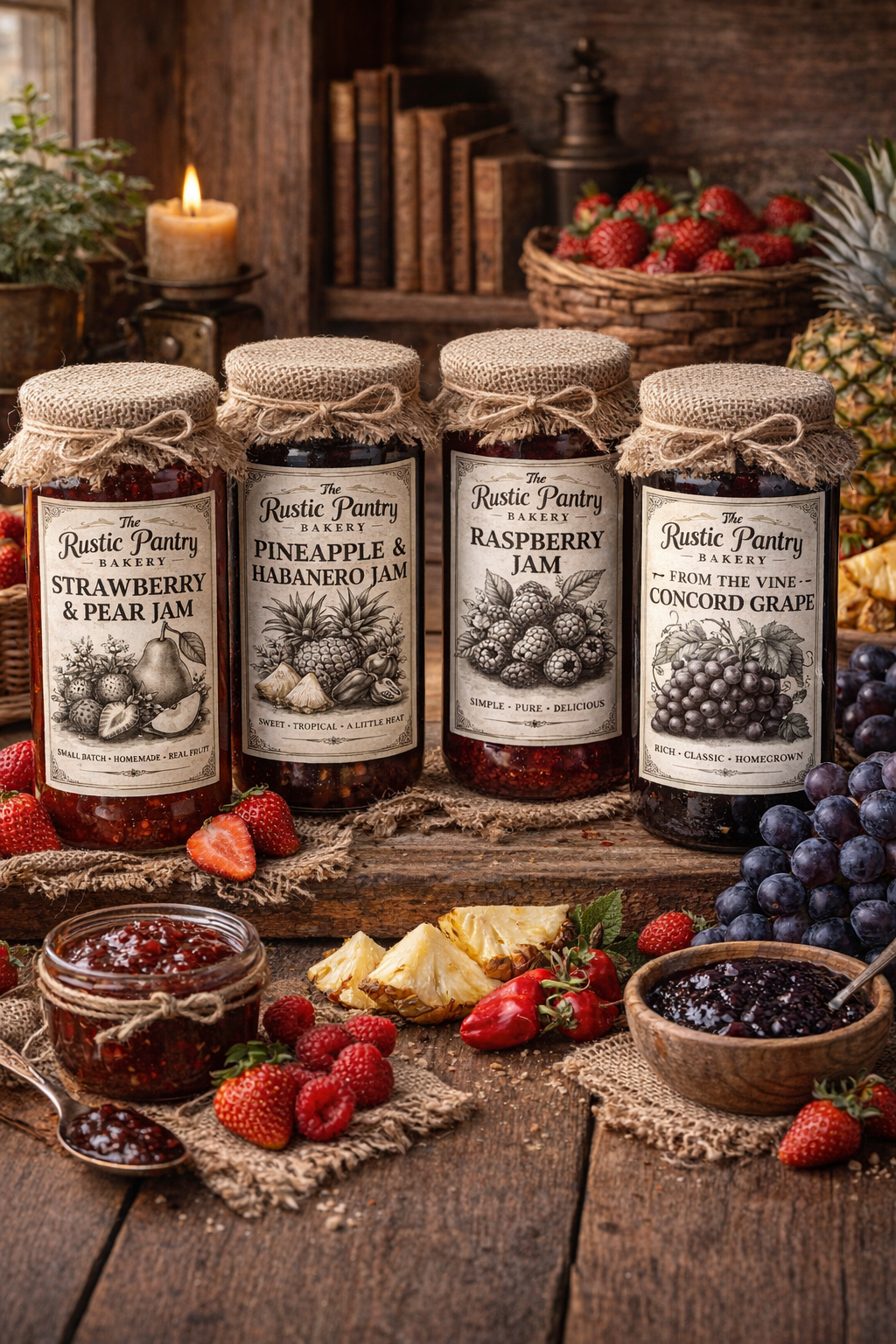 Homemade jams in a rustic pantry.png