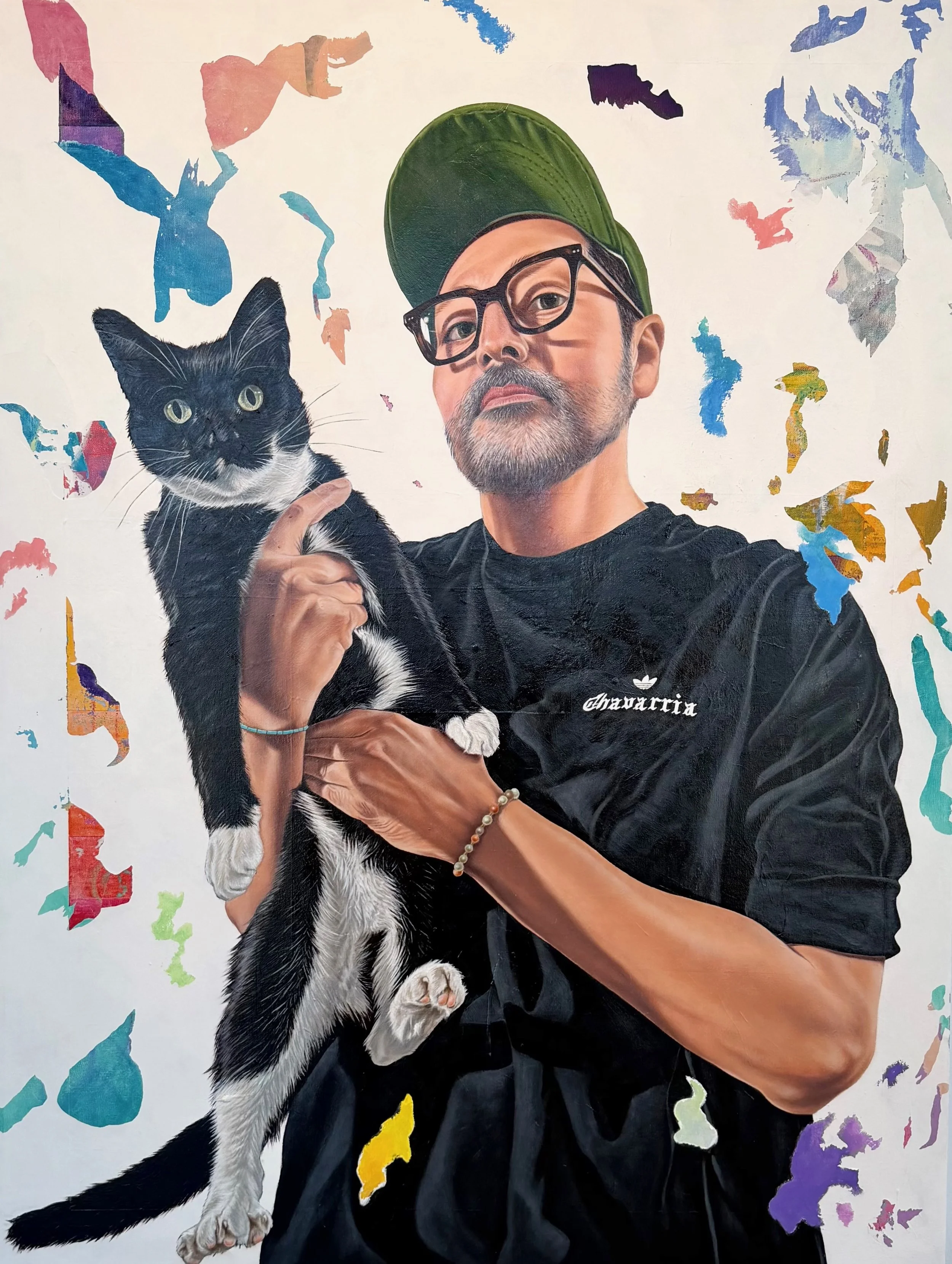 Self-portrait with milo
2026, Oil, acrylic and oil pastel on canvas, 30 x 40”
