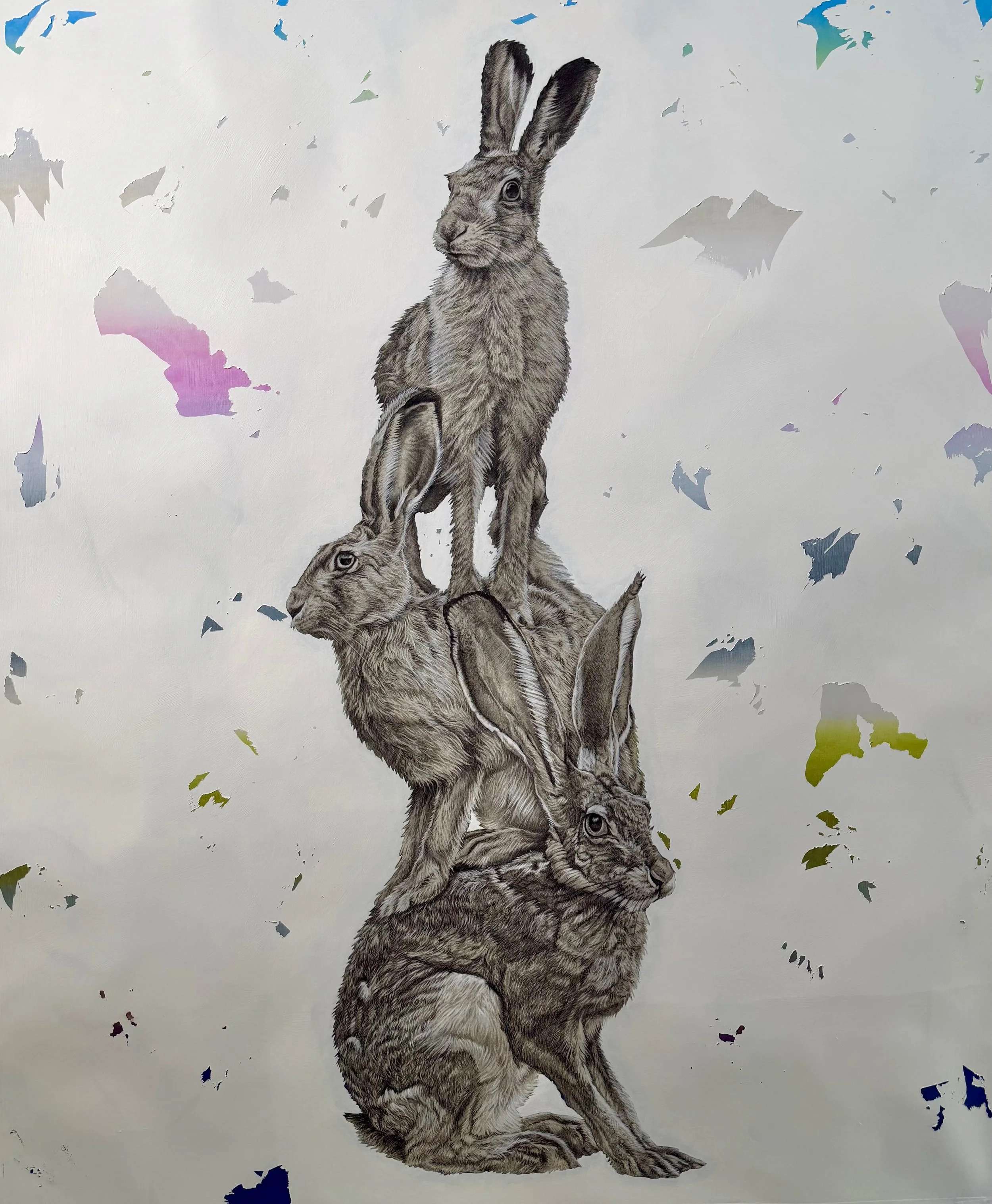 Hare Totem (family portrait)
2026, Charcoal, acrylic and oil pastel on paper, 39 x 47”
