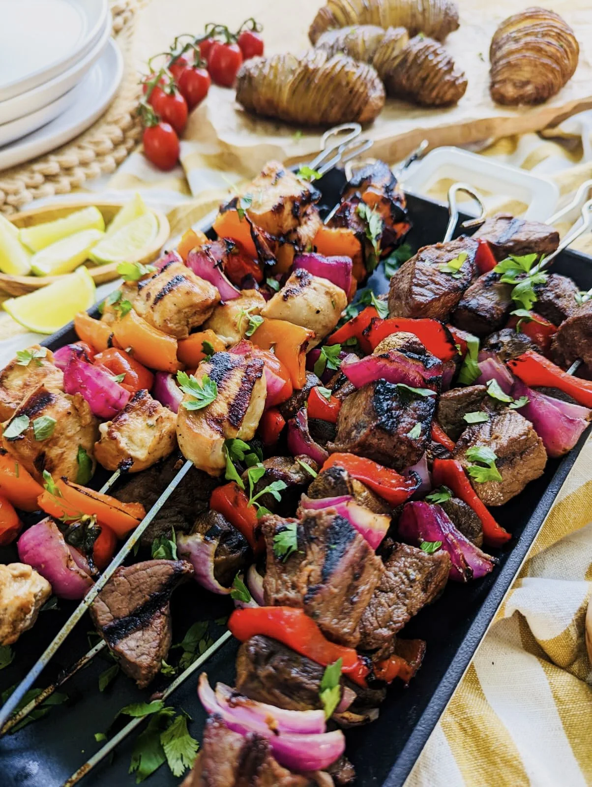 Skewers with grilled meat, red and orange bell peppers, and pink onions on a black platter garnished with fresh herbs, with a table setting including cherry tomatoes, lemon wedges, and bread rolls in the background.