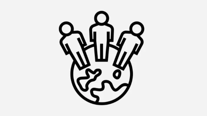 Three people standing on globe icon