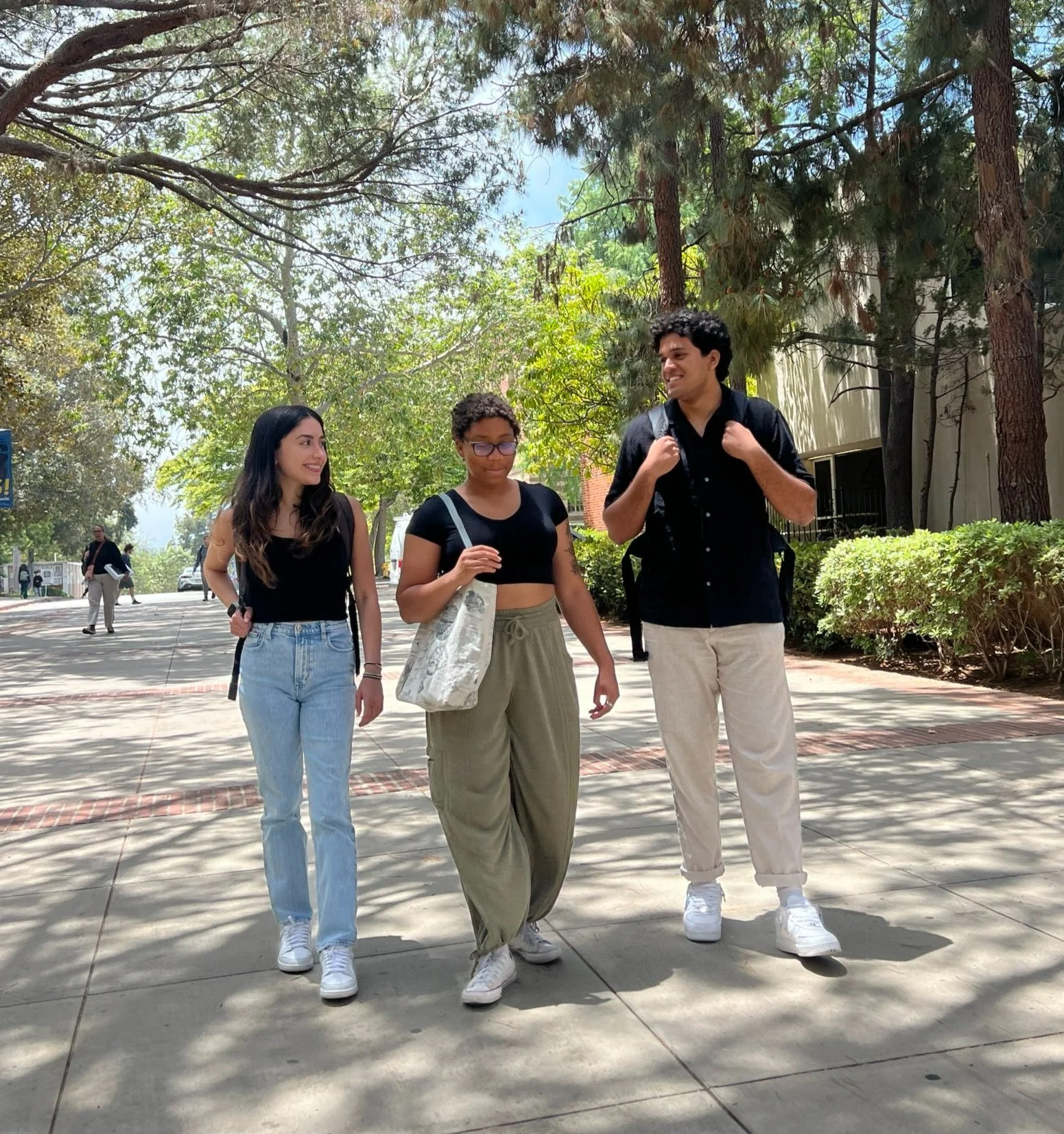 Group of three college students walking on sidewalk with trees in background