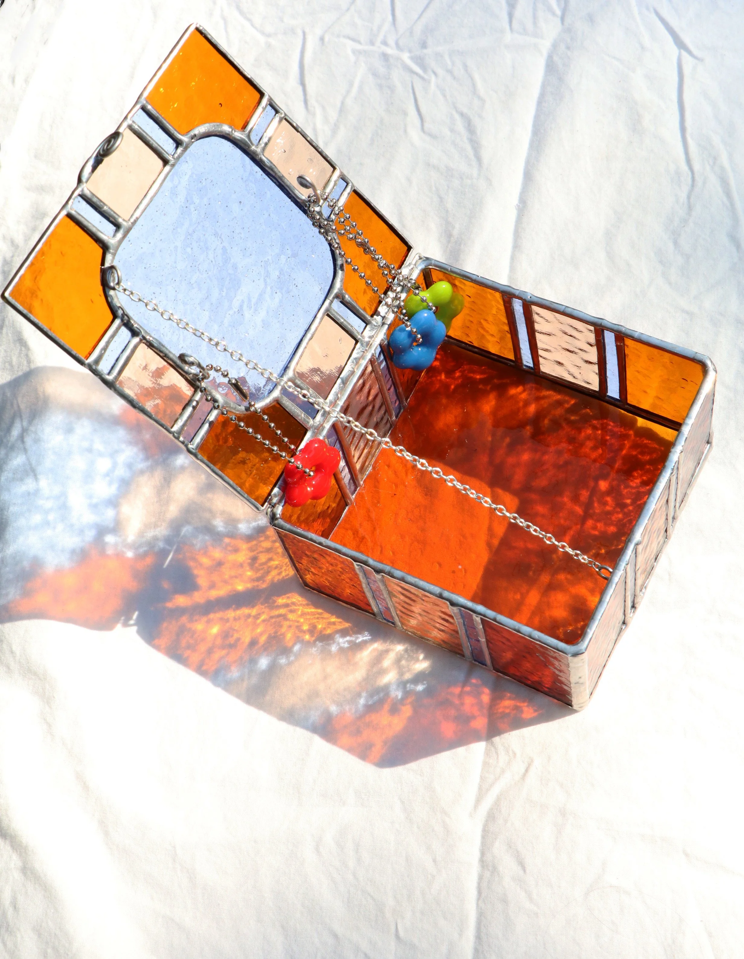 Glass Jewelry Box | Amber Orange, Peach, and French Blue Glass