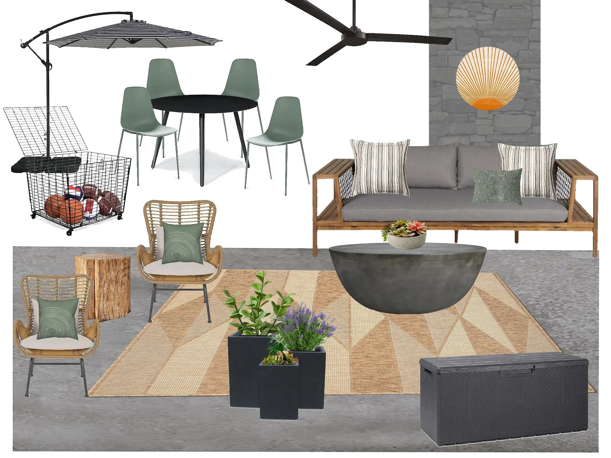 A living room with indoor furniture and decor, featuring a gray sofa, a black round table, four green chairs, a woven chair with a cushion, a large area rug, potted plants, a wicker stool, a ceiling fan, a pendant light, and decorative items like a basket of sports equipment and a wooden box.