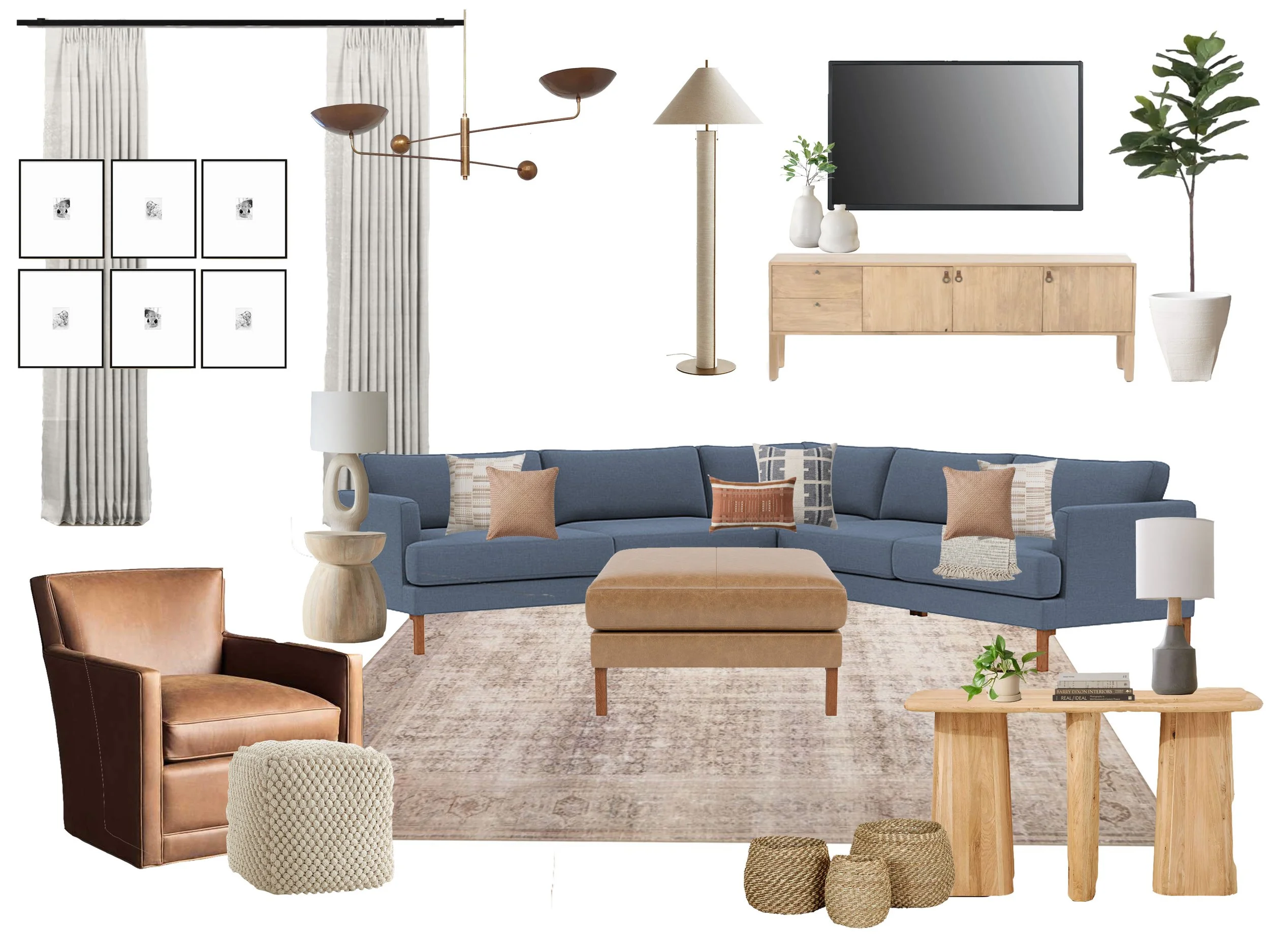 Living room with light-colored curtains, a modern chandelier, a wooden sideboard with vases and plants, a flat-screen TV, a tall potted tree, a blue sofa with patterned cushions, a brown armchair, a beige cushioned ottoman, a wooden coffee table with potted plants and books, and a beige rug.