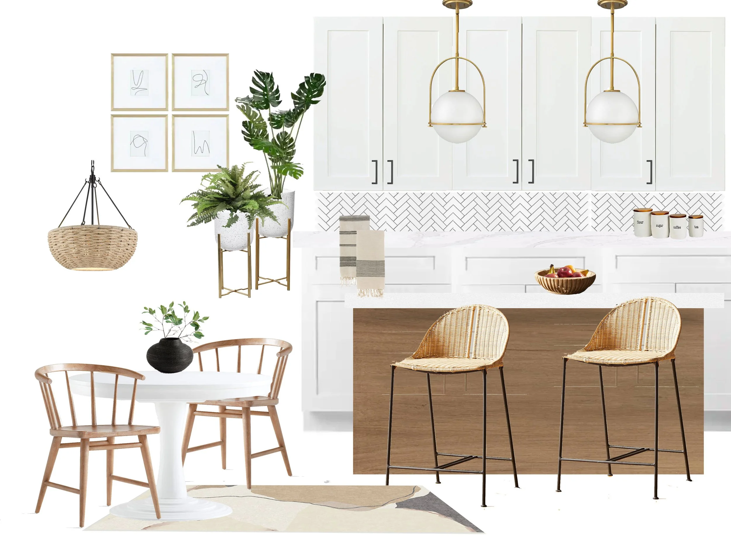 A modern kitchen with white cabinets, gold pendant lights, and a white marble countertop. Decorations include framed abstract art, potted plants, and ceramic jars labeled flour, sugar, coffee, and tea. There is also a round dining table with wooden chairs and a woven basket hanging from the ceiling.