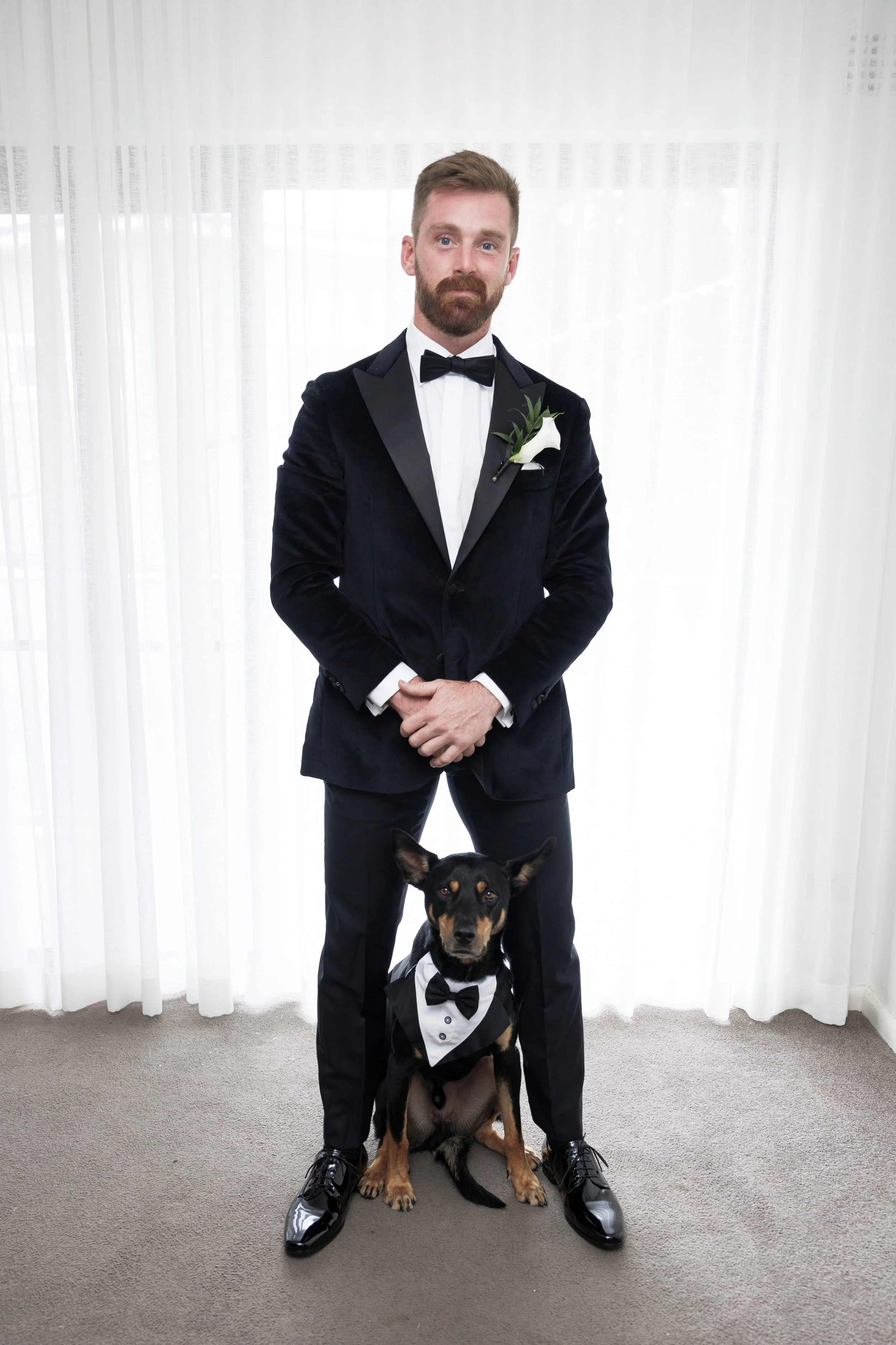 Man in a tuxedo with a boutonniere and a dog in a tuxedo bib, standing indoors in front of white curtains.