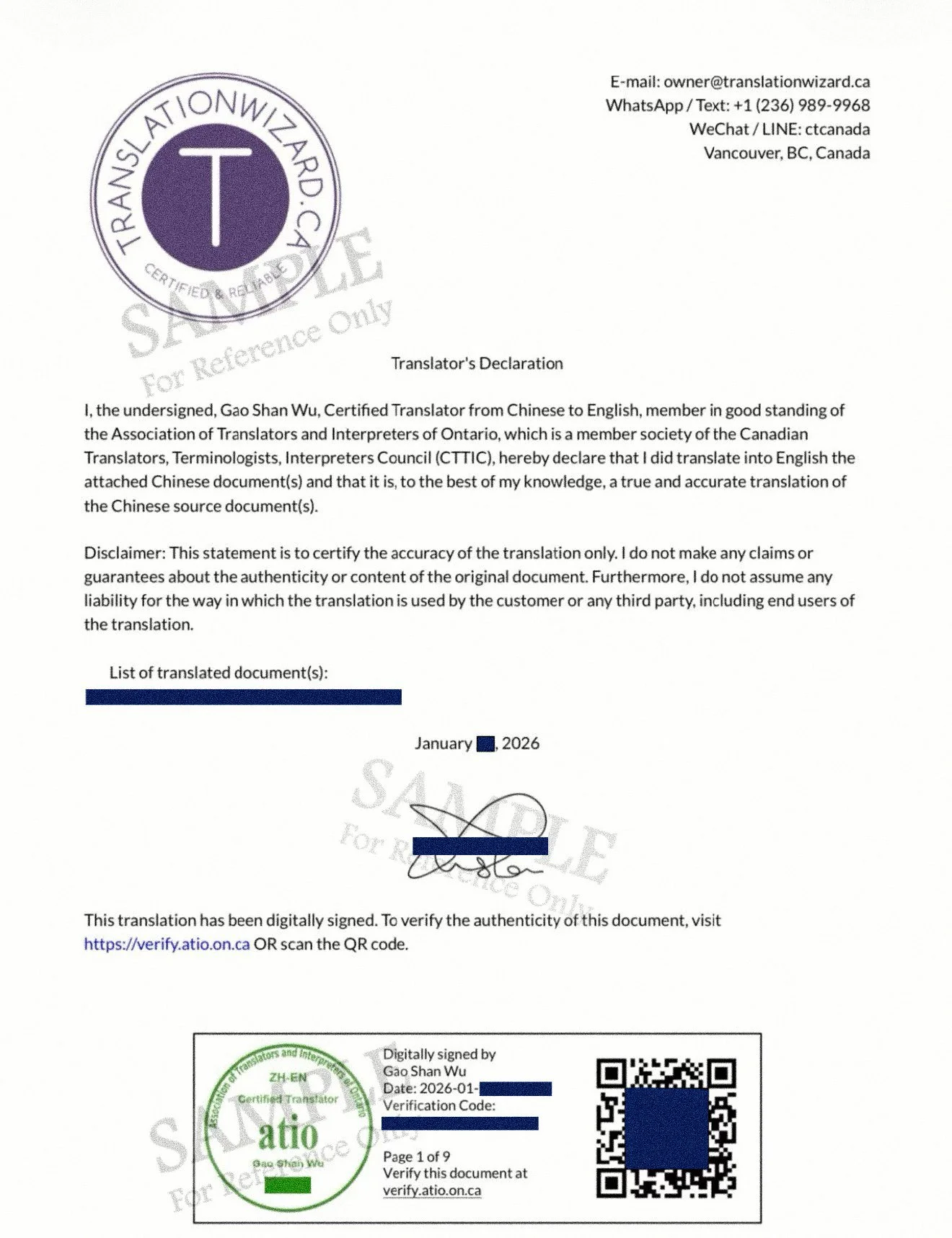 Certified translation sample in Canada issued by ATIO certified translator Gao Shan Wu with official declaration and verification QR code