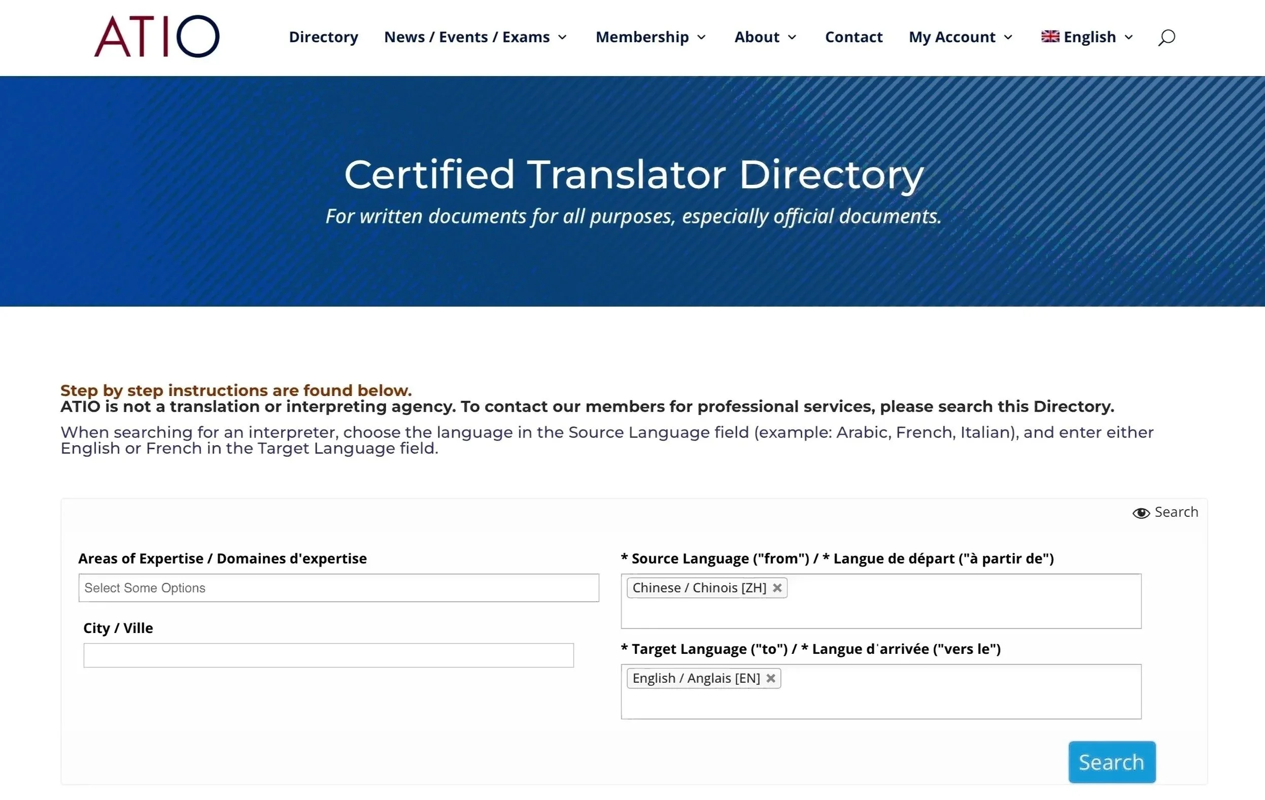 ATIO Certified Translator Directory search interface showing Chinese (ZH) to English (EN) filters for verifying a certified translator in Canada
