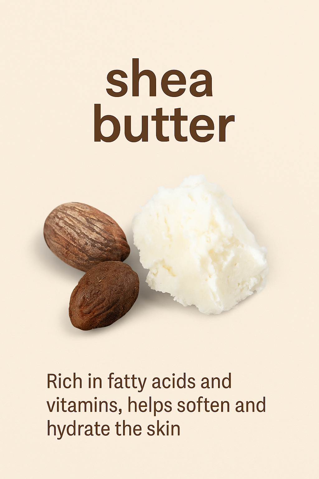 Shea butter with two shea nuts and a pile of shea butter, with text describing its benefits for skin hydration and softness.