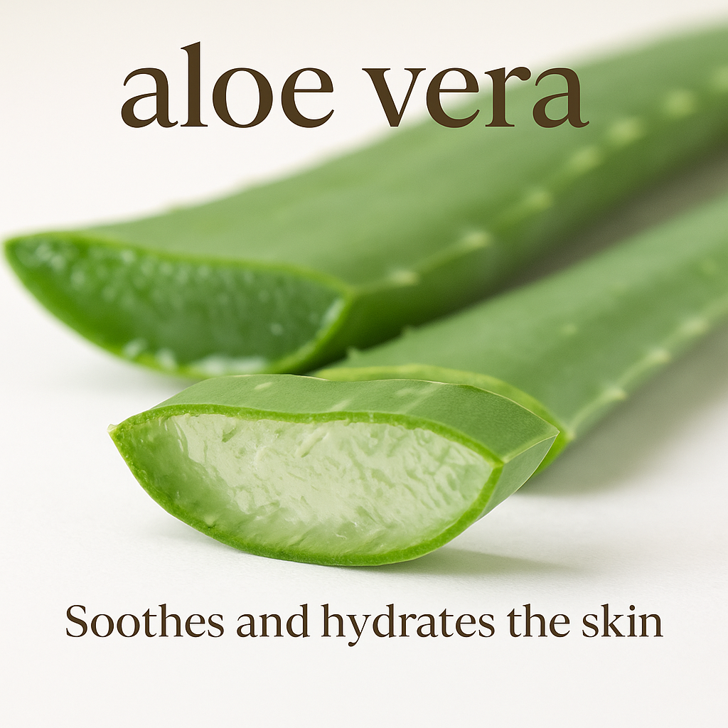 Close-up of fresh aloe vera leaves with a sliced section showing the gel inside, on a white background.