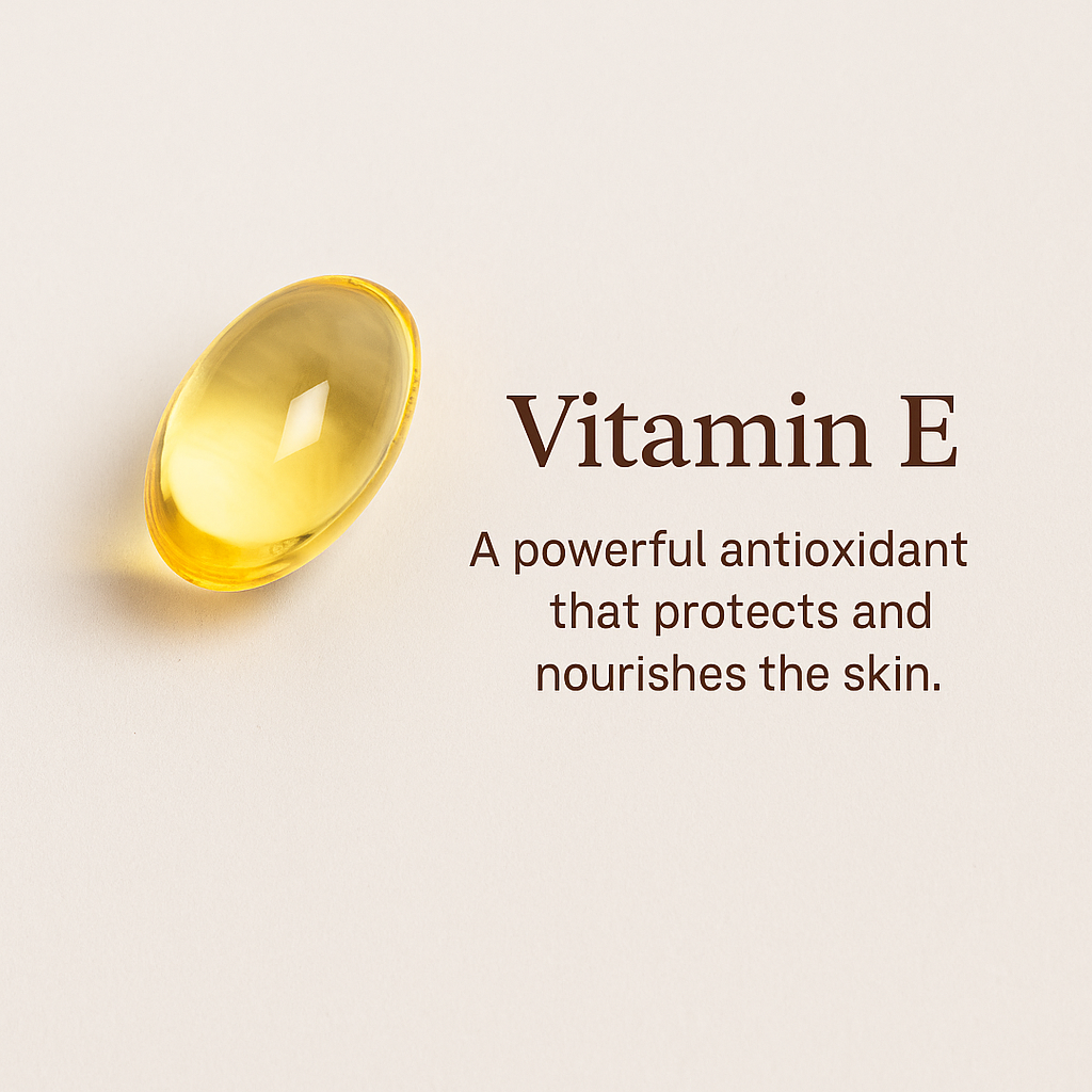 A soft gel capsule of vitamin E oil next to text describing vitamin E as a powerful antioxidant that protects and nourishes the skin.