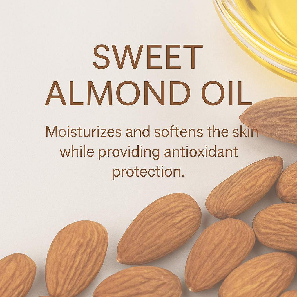 A beige background with a jar of golden almond oil at the top right corner, and several whole almonds scattered at the bottom. The text reads: 'Sweet Almond Oil. Moisturizes and softens the skin while providing antioxidant protection.'