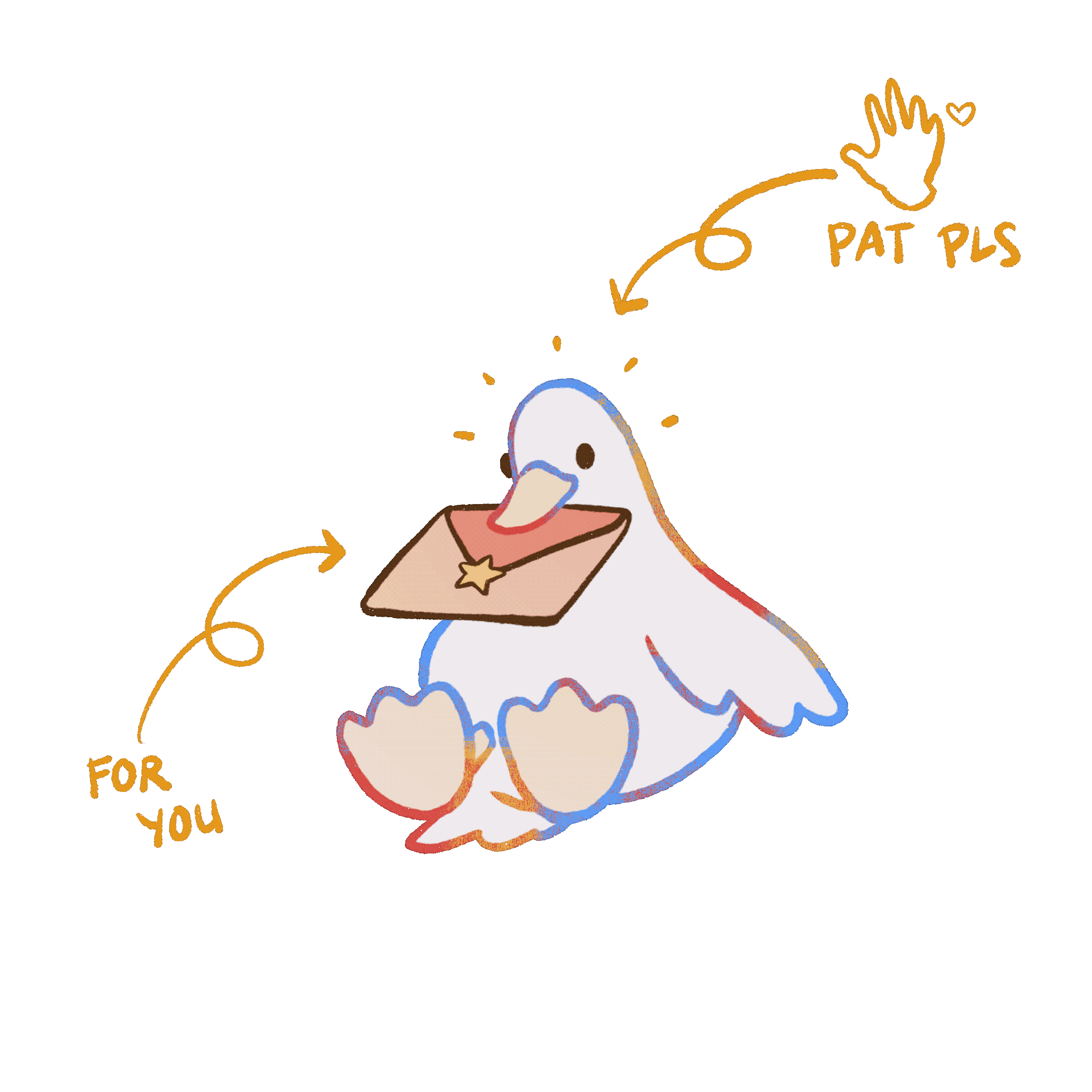 A cute cartoon duck holding a gift box with a star on it. An illustration of a hand giving a high five with a small heart. Text saying 'For You' with an arrow pointing to the duck and 'Pat PLS' with an arrow pointing to the high five.