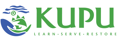 Kupu logo featuring a circular design with a stylized mountain, water, and leaf elements, accompanied by the word 'KUPU' and the tagline 'Learn, Serve, Restore'.