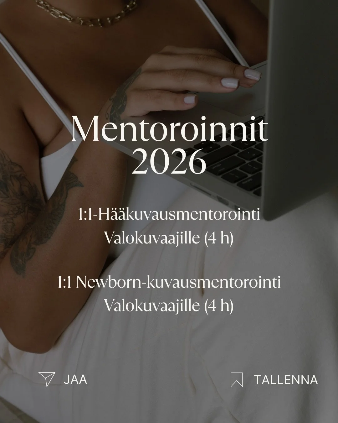 Valokuvaus Mentoroinnit 2026

1:1-H&auml;&auml;kuvausmentorointi Valokuvaajille (4 h)
Henkil&ouml;kohtainen 1:1-mentorointi valokuvaajille, jotka haluavat aloittaa h&auml;&auml;kuvauksen tai p&auml;&auml;st&auml; siihen mukaan varmemmin ja ammattimai