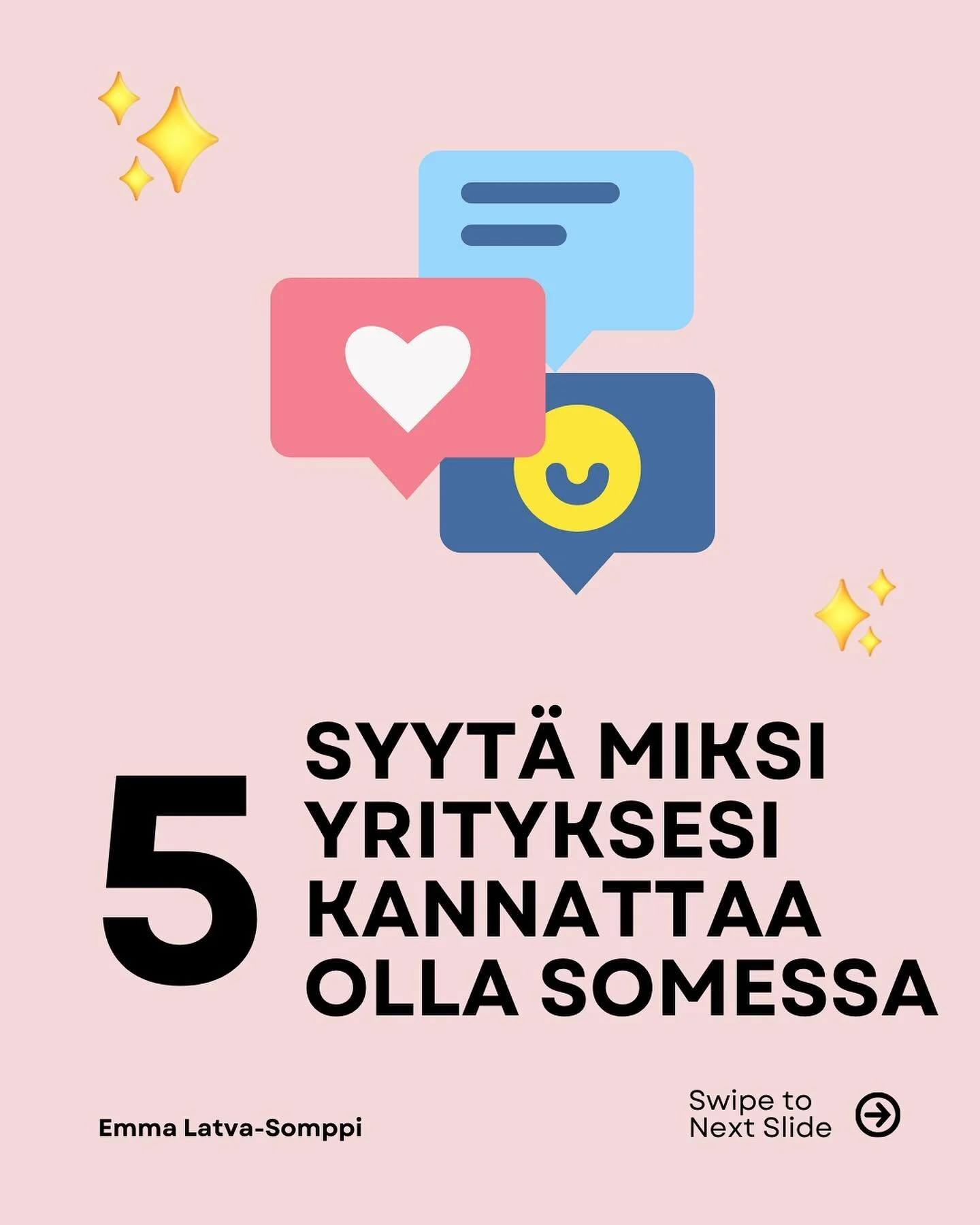 Lue tästä 5 syytä miksi yrityksesi kannattaa olla somessa.
Vielä lyhyesti:
1. Olet löydettävissä🔎
2. Olet olemassa🙏🏻
3. Vuorovaikutus helppoa📲
4. Voit lisätä myyntiä📈
5. Kasvatat luottamusta😊