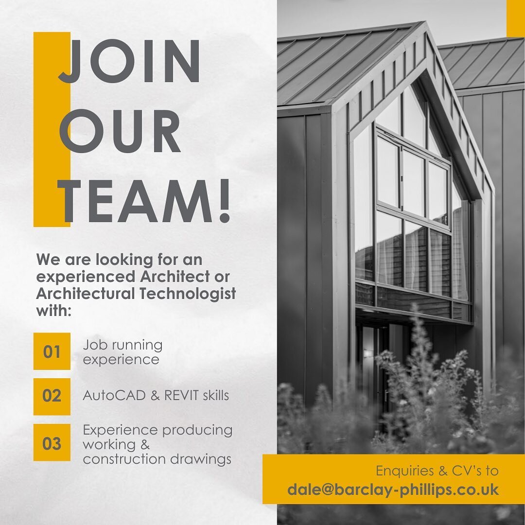 👷🏻&zwj;♀️ we are hiring! 👷🏼&zwj;♂️
.
Barclay+Phillips are looking for a motivated &amp; experienced Architect or Architectural Technologist to join our busy practice just outside Salisbury. We are a friendly team &amp; have a wide ranging portfol