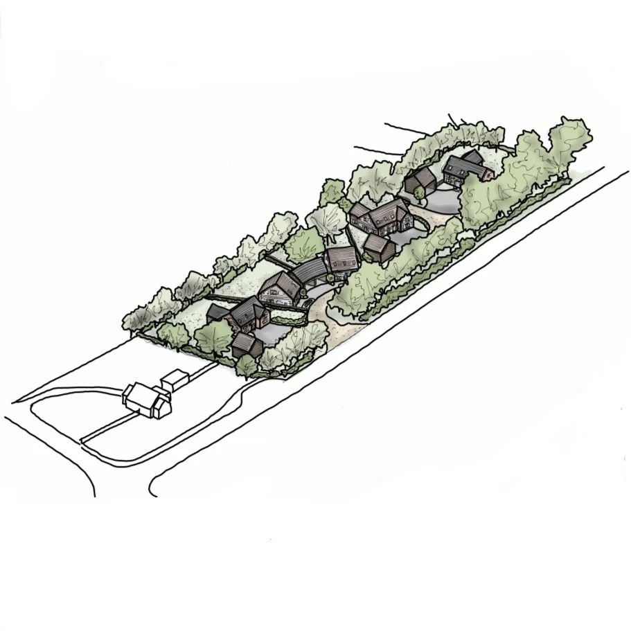 A quick sketch scheme for a small site outside of Salisbury. This development aims to be a low density mix with large plots. The high quality houses will be a mix of 3 and 5 bed dwellings, utilising materials such as brick, flint and timber cladding.