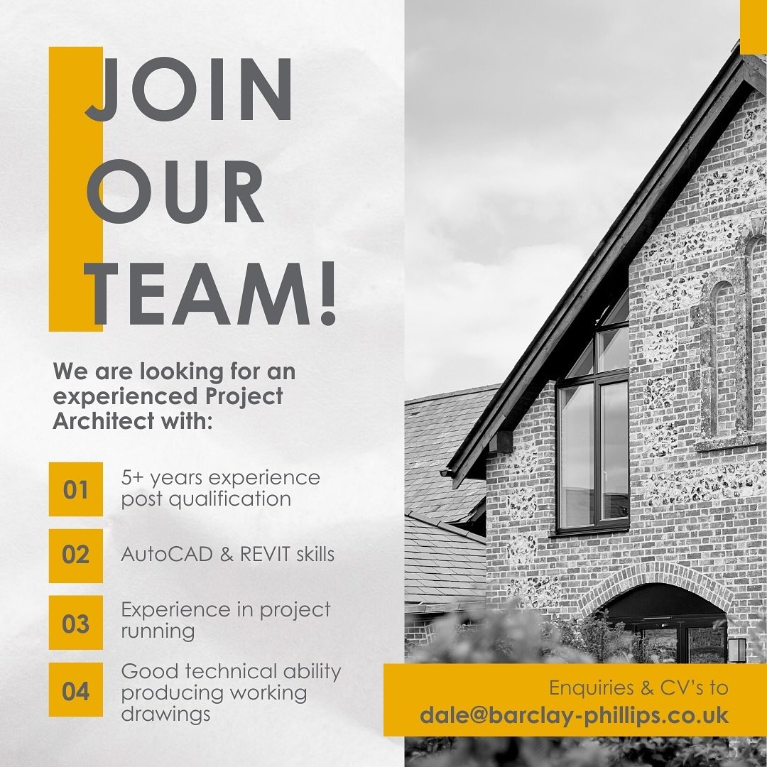 👷🏻&zwj;♀️ we are hiring! 👷🏼&zwj;♂️
.
Barclay+Phillips are looking for a motivated &amp; experienced Project Architect to join our busy practice just outside Salisbury. Benefits include a competitive market salary (based on experience), opportunit