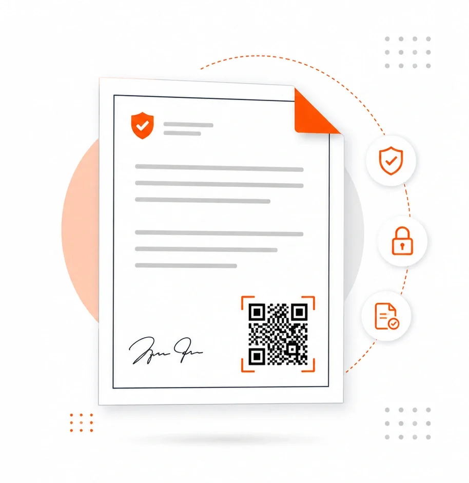A digital illustration of a document with a QR code at the bottom, a signature, and icons representing security features around it.