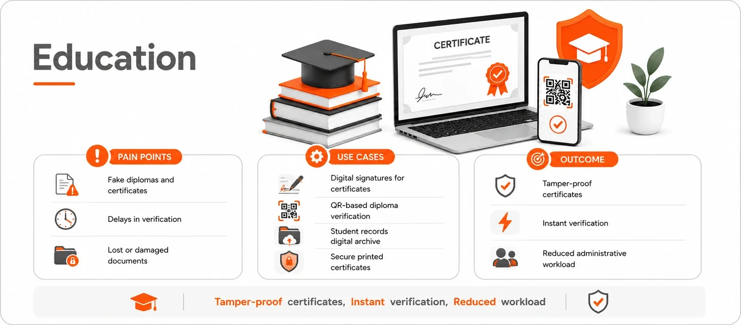 An infographic about digital education certificates, showing icons of books, a graduation cap, a laptop with a certificate, a QR code on a phone, and a plant. It highlights pain points like fake certificates and delays, use cases such as digital signatures and QR verification, and outcomes including tamper-proof certificates and instant verification.