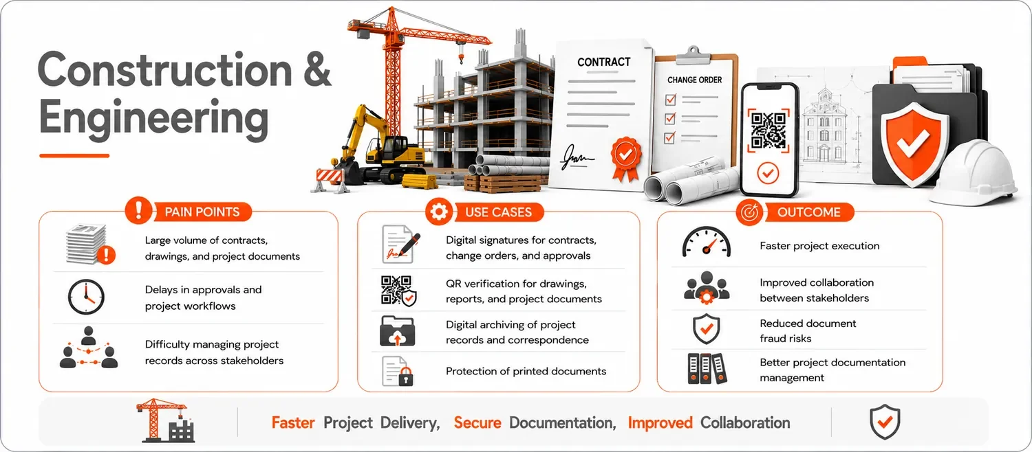 An infographic on construction and engineering featuring a construction site with cranes and building frameworks. It highlights pain points like large contract volume, approval delays, and managing project records. Use cases include digital signatures, QR verification, digital archiving, and printed document protection. Outcomes focus on faster project execution, better collaboration, reduced fraud risks, and improved documentation.