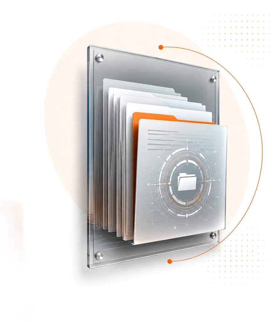 Futuristic digital interface with a folder icon, layered with transparent digital screens displaying a folder and data graphics in a high-tech style.