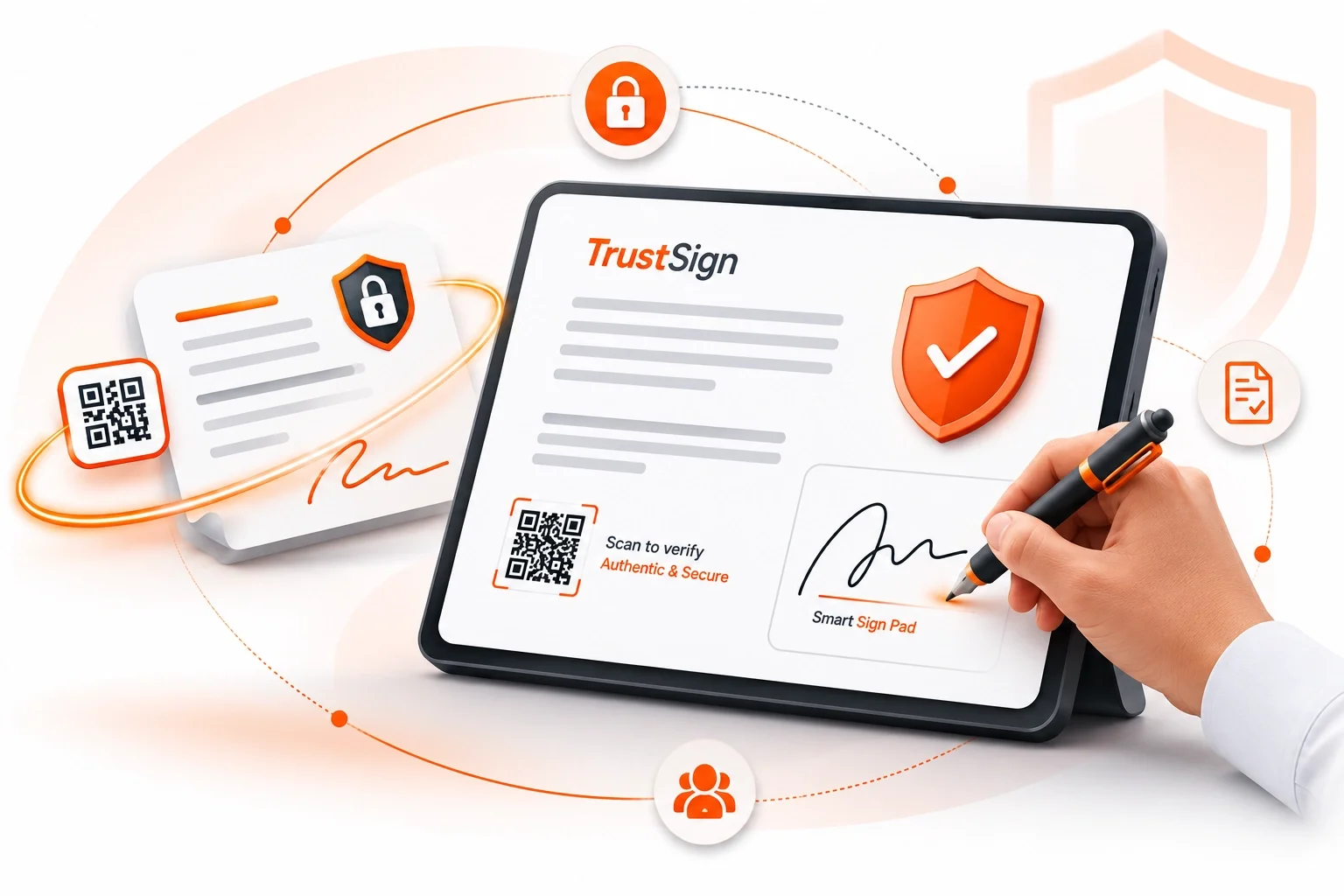 Digital representation of a smart digital signature process with a tablet, hand signing a document, shield icons, QR codes, and security symbols in an orange and white color scheme.