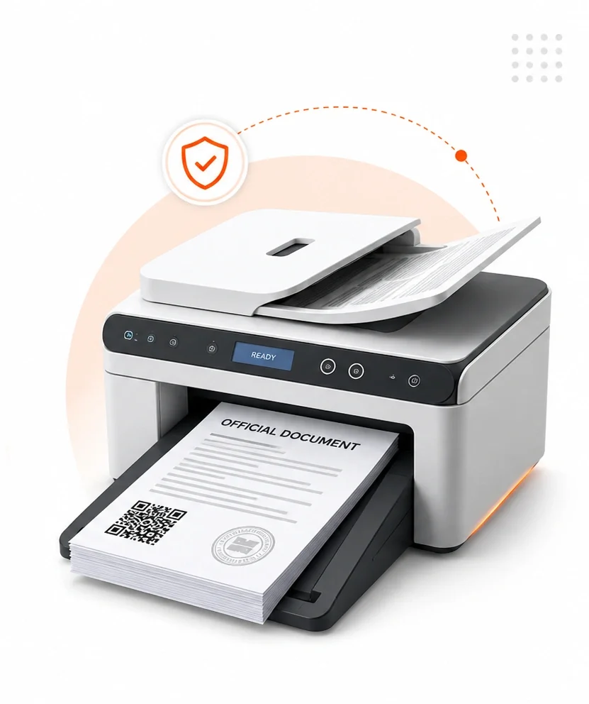 A modern document scanner with a stack of papers being scanned, with a printed official document emerging from the output tray.
